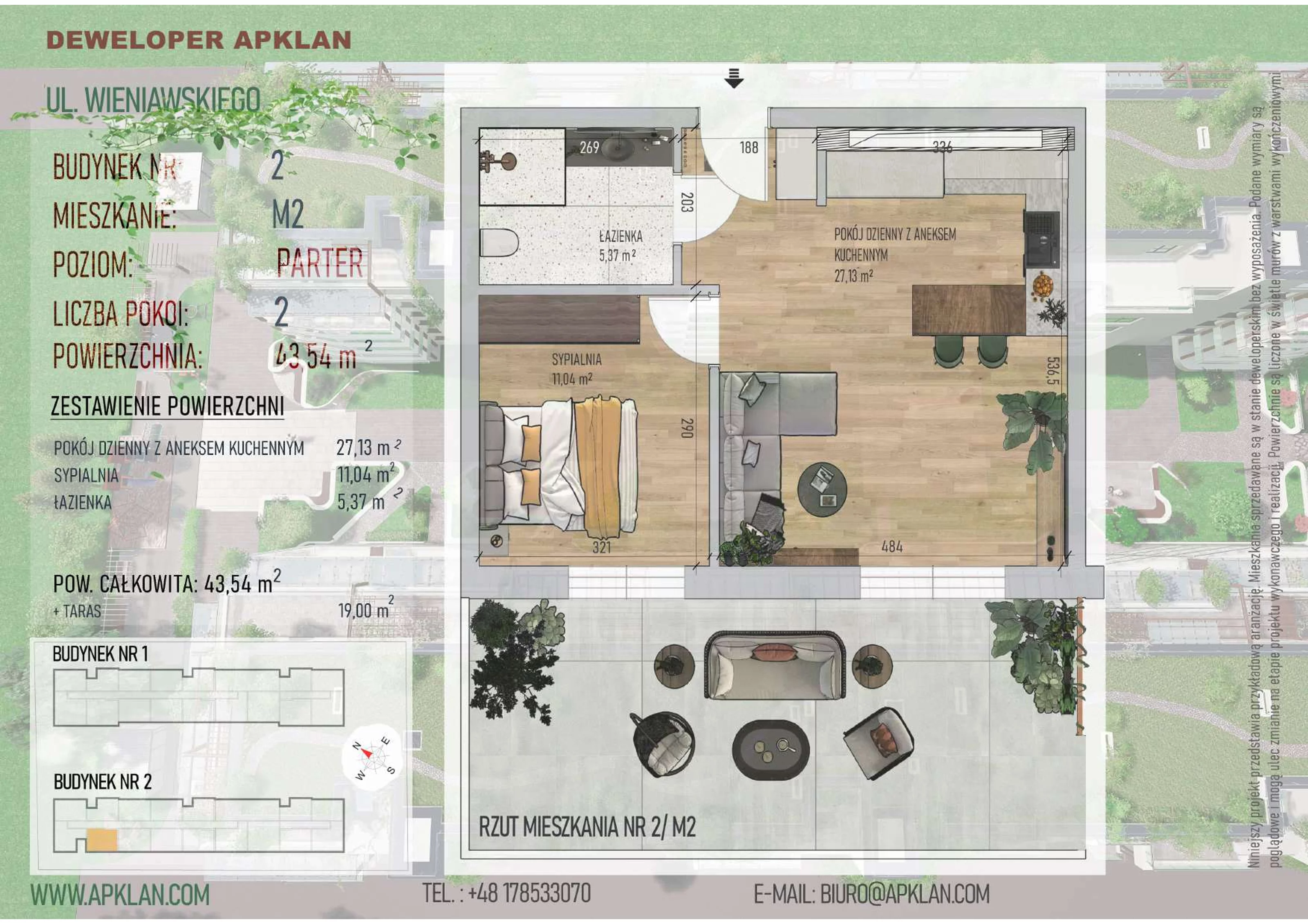 2 pokoje, mieszkanie 43,54 m², parter, oferta nr 2/M2, Osiedle Wieniawskiego - etap V, Rzeszów, Słocina, ul. Wieniawskiego