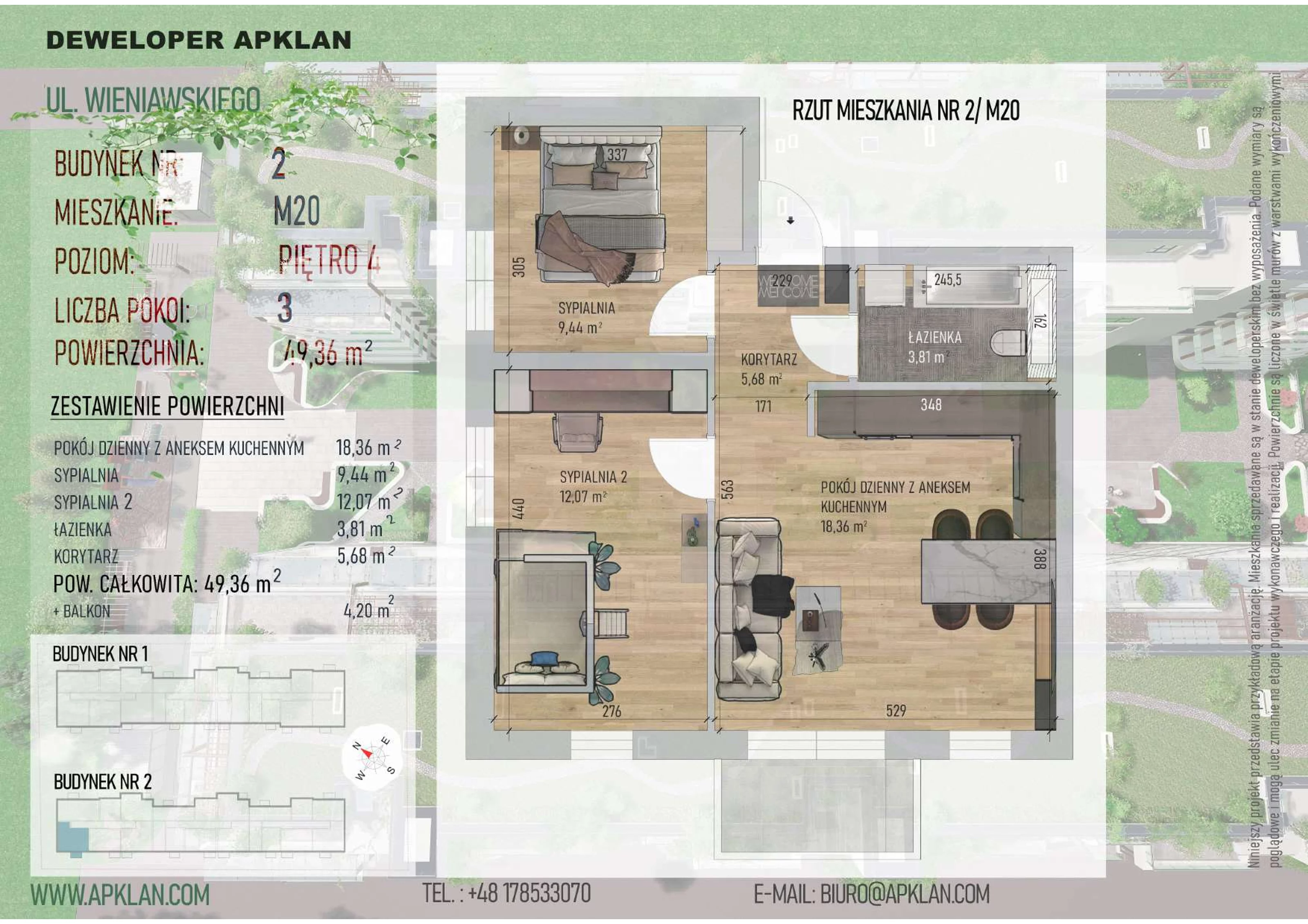 3 pokoje, mieszkanie 49,36 m², piętro 4, oferta nr 2/M20, Osiedle Wieniawskiego - etap V, Rzeszów, Słocina, ul. Wieniawskiego
