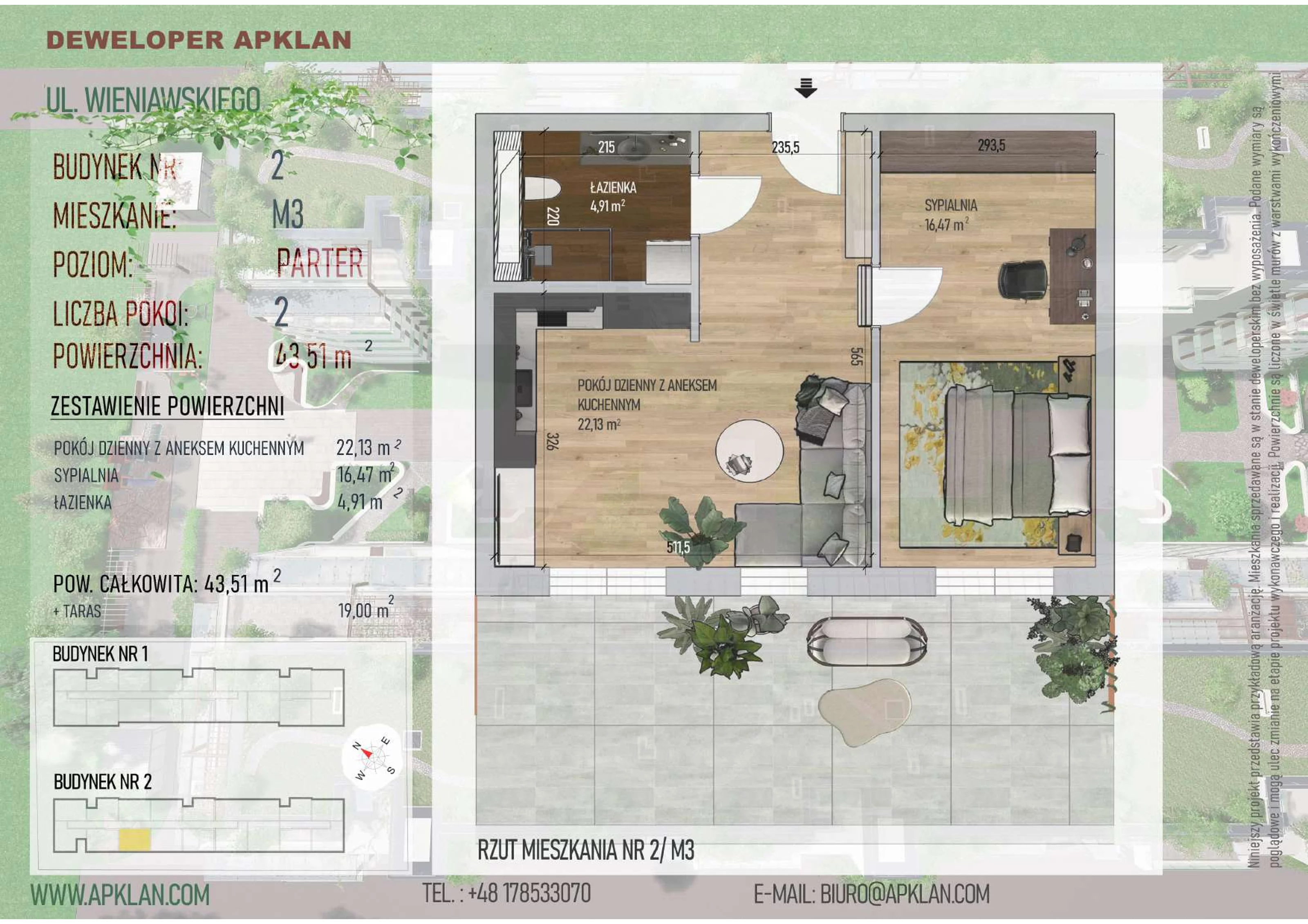 2 pokoje, mieszkanie 43,51 m², parter, oferta nr 2/M3, Osiedle Wieniawskiego - etap V, Rzeszów, Słocina, ul. Wieniawskiego