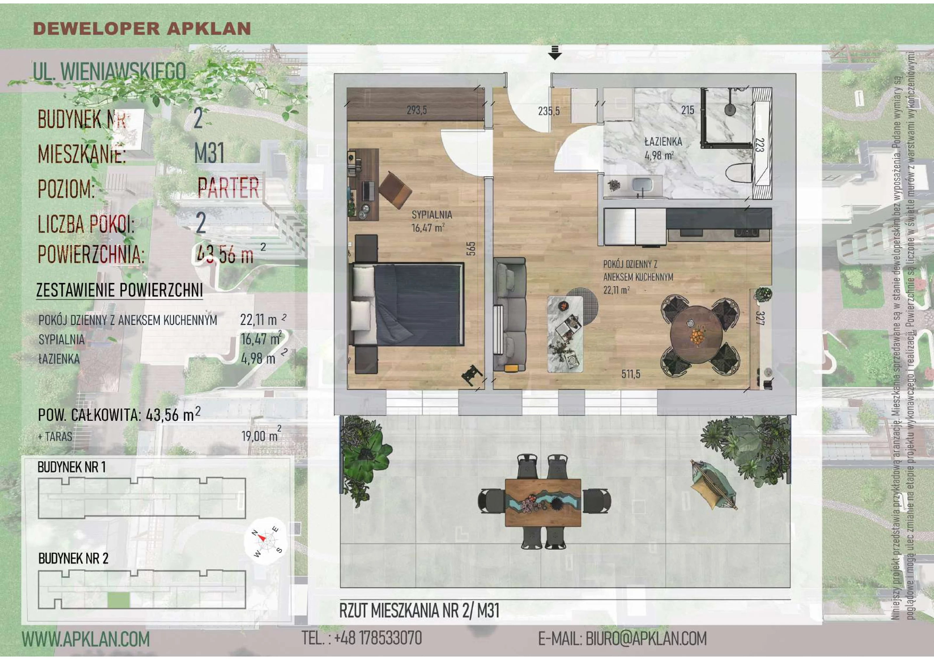2 pokoje, mieszkanie 43,56 m², parter, oferta nr 2/M31, Osiedle Wieniawskiego - etap V, Rzeszów, Słocina, ul. Wieniawskiego
