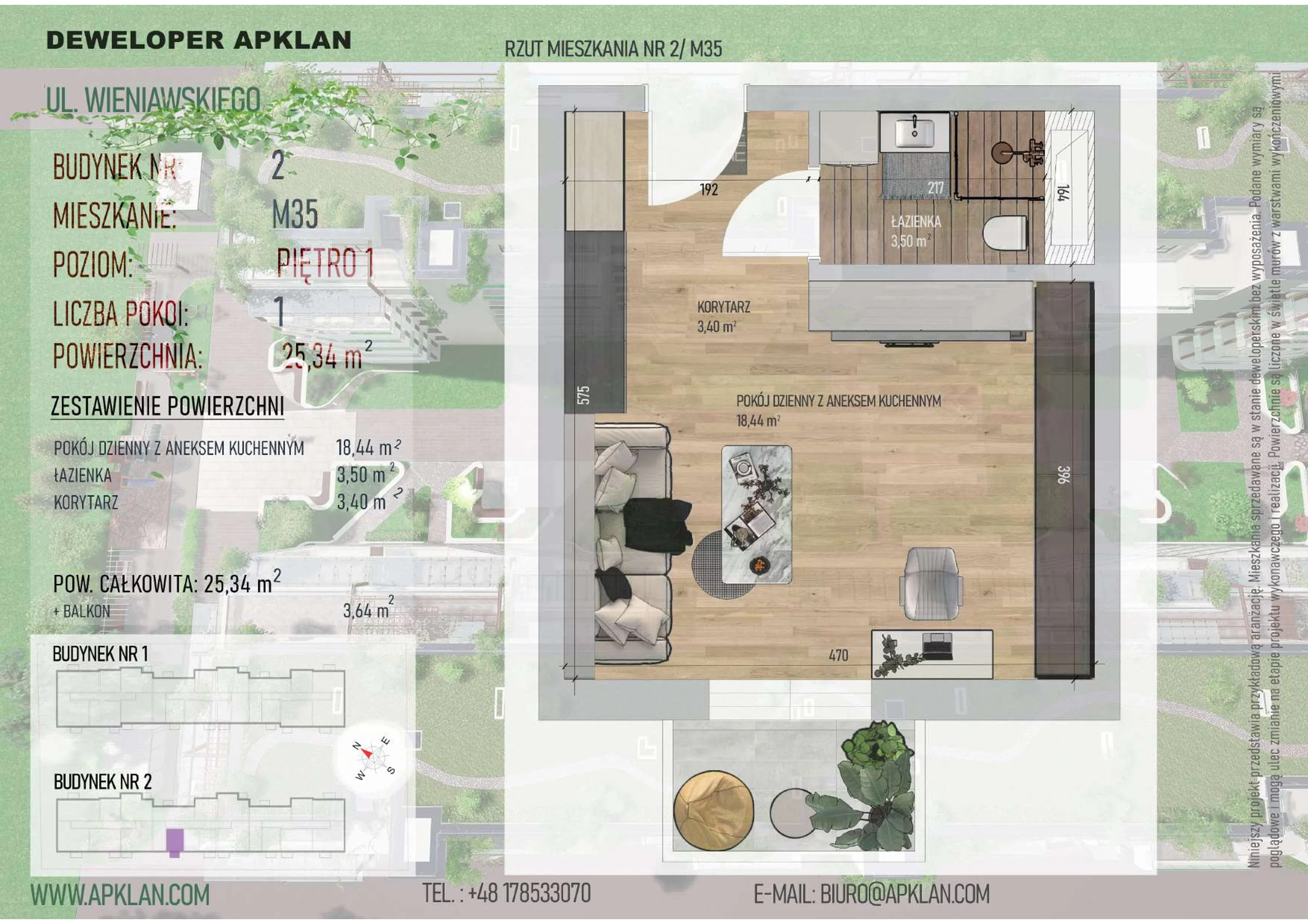 1 pokój, mieszkanie 25,34 m², piętro 1, oferta nr 2/M35, Osiedle Wieniawskiego - etap V, Rzeszów, Słocina, ul. Wieniawskiego