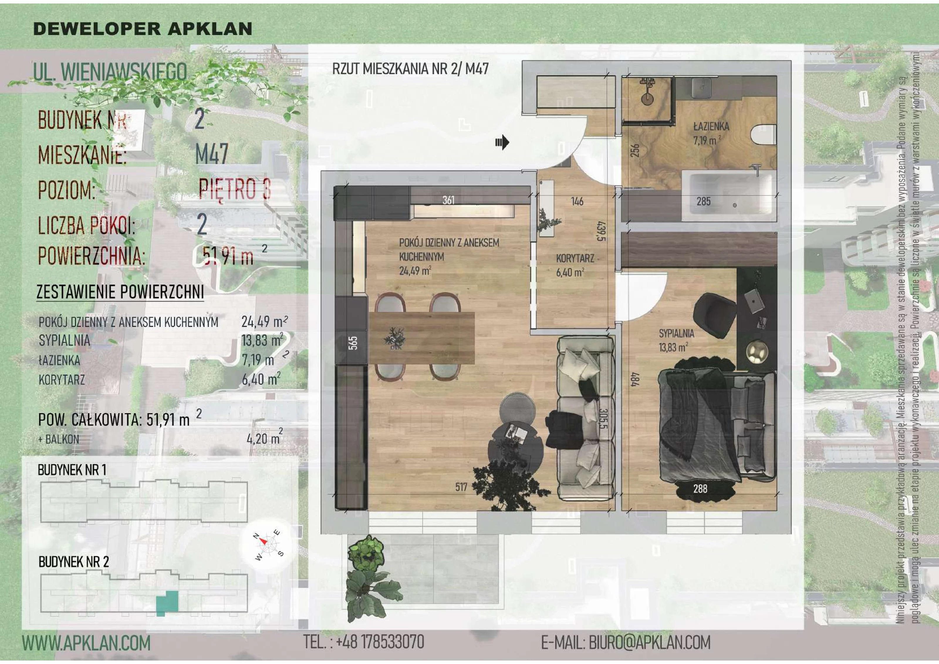 2 pokoje, mieszkanie 51,91 m², piętro 3, oferta nr 2/M47, Osiedle Wieniawskiego - etap V, Rzeszów, Słocina, ul. Wieniawskiego