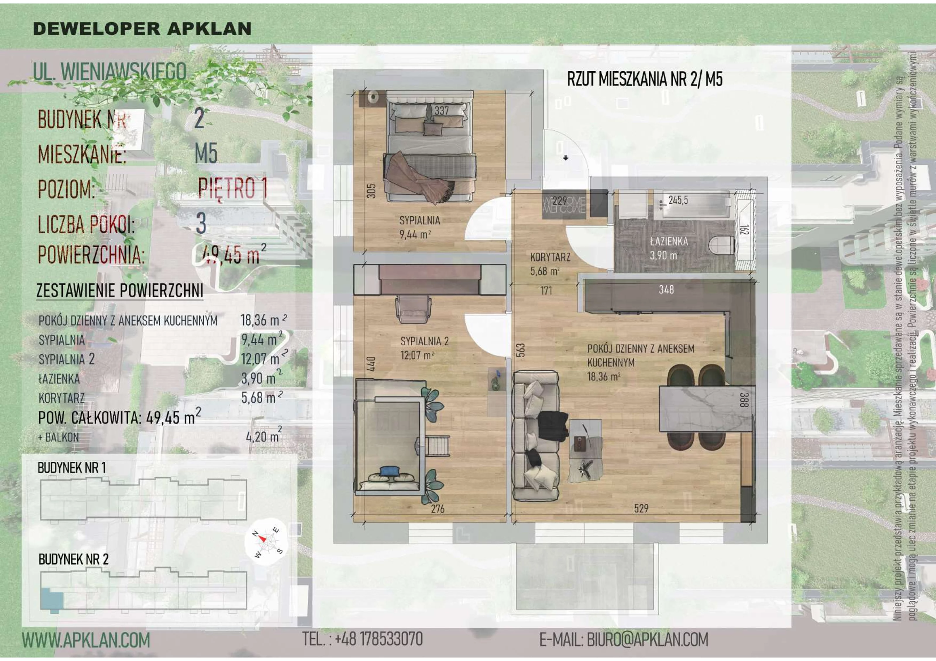 3 pokoje, mieszkanie 49,45 m², piętro 1, oferta nr 2/M5, Osiedle Wieniawskiego - etap V, Rzeszów, Słocina, ul. Wieniawskiego