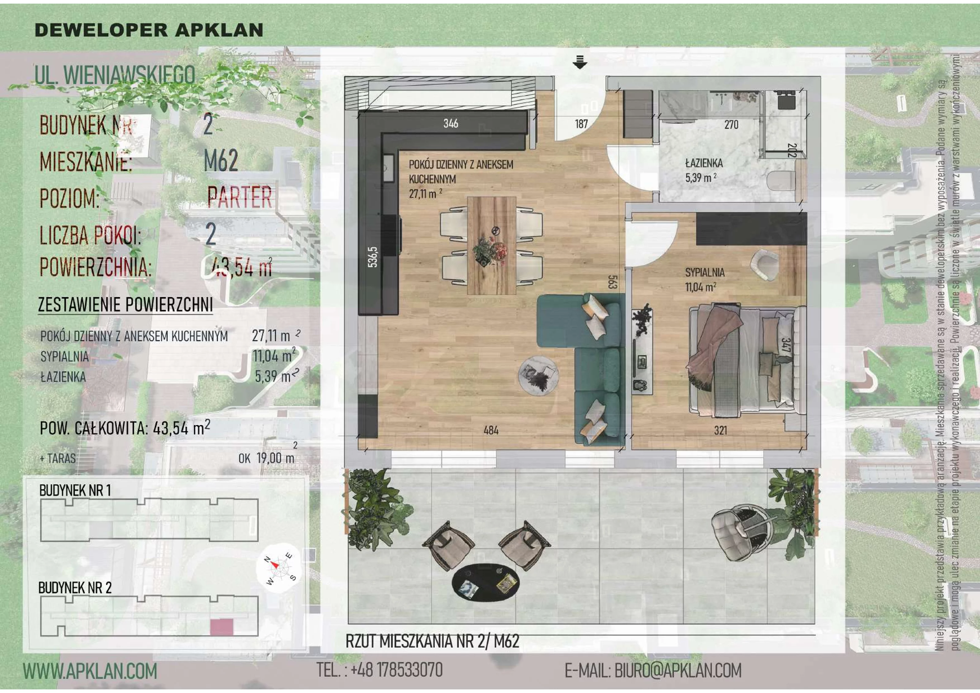 2 pokoje, mieszkanie 43,54 m², parter, oferta nr 2/M62, Osiedle Wieniawskiego - etap V, Rzeszów, Słocina, ul. Wieniawskiego