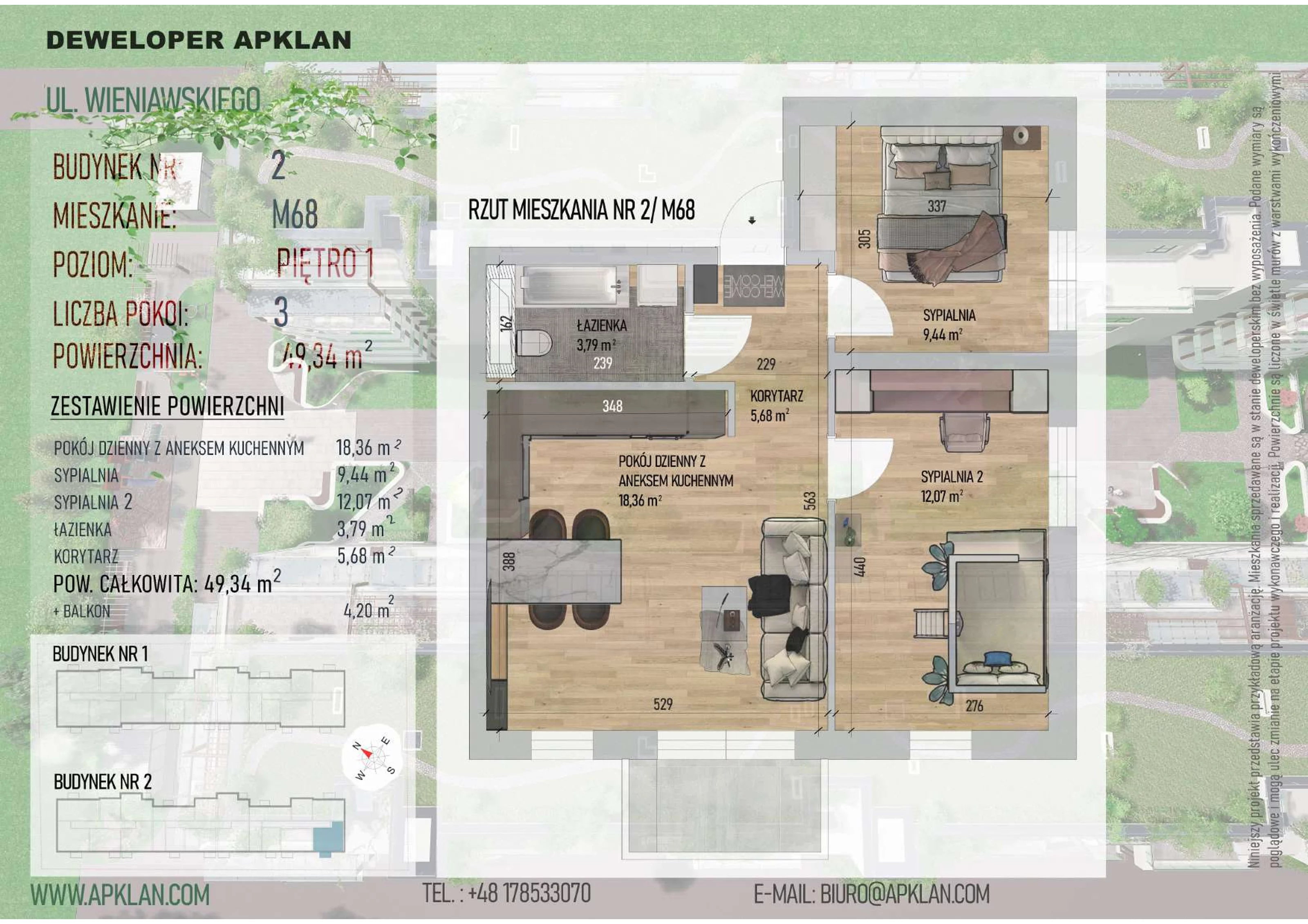 3 pokoje, mieszkanie 49,34 m², piętro 1, oferta nr 2/M68, Osiedle Wieniawskiego - etap V, Rzeszów, Słocina, ul. Wieniawskiego