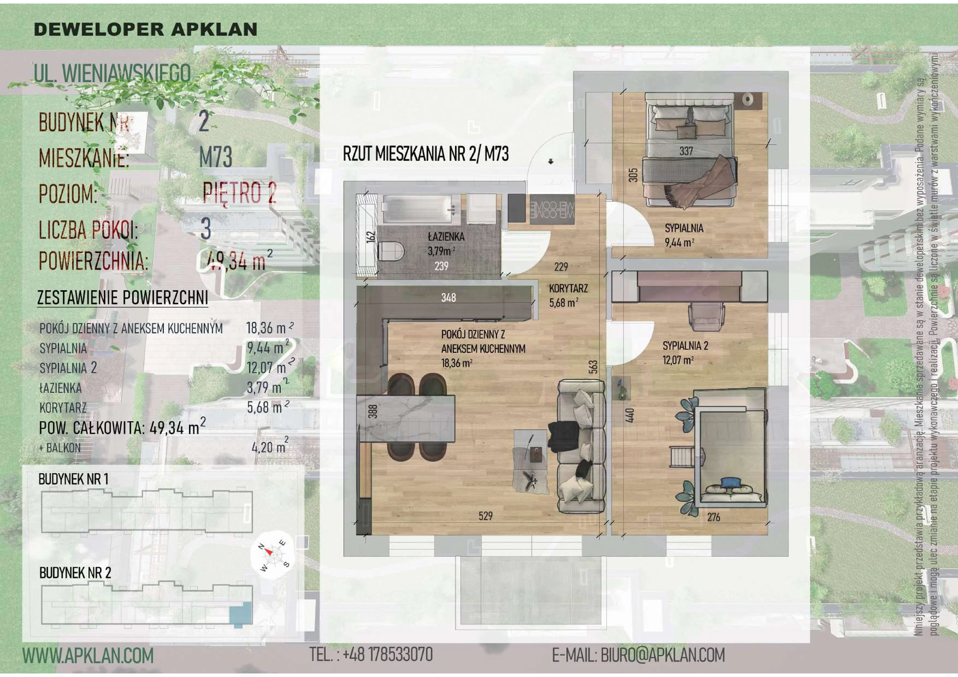 3 pokoje, mieszkanie 49,34 m², piętro 2, oferta nr 2/M73, Osiedle Wieniawskiego - etap V, Rzeszów, Słocina, ul. Wieniawskiego