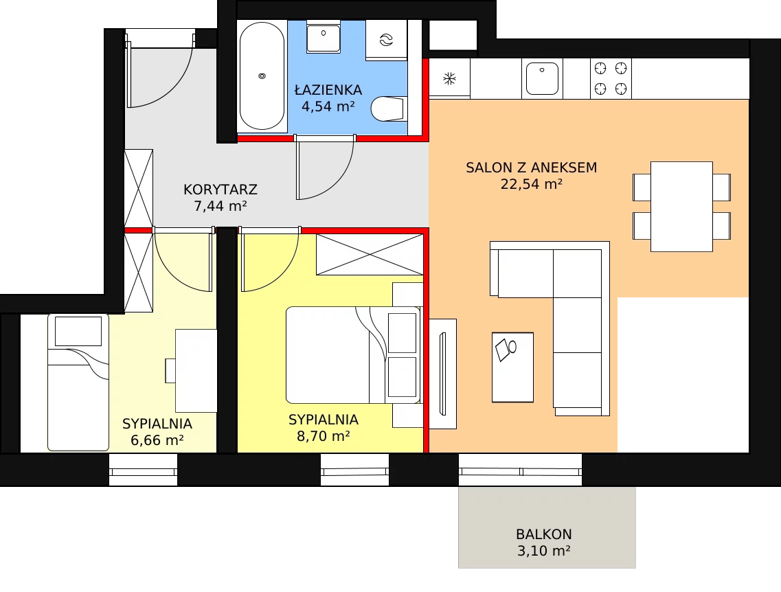 Apartament 49,88 m², piętro 2, oferta nr B1M15, Cztery Kąty Potockiego etap II, Rzeszów, Załęże, ul. Hr. Alfreda Potockiego