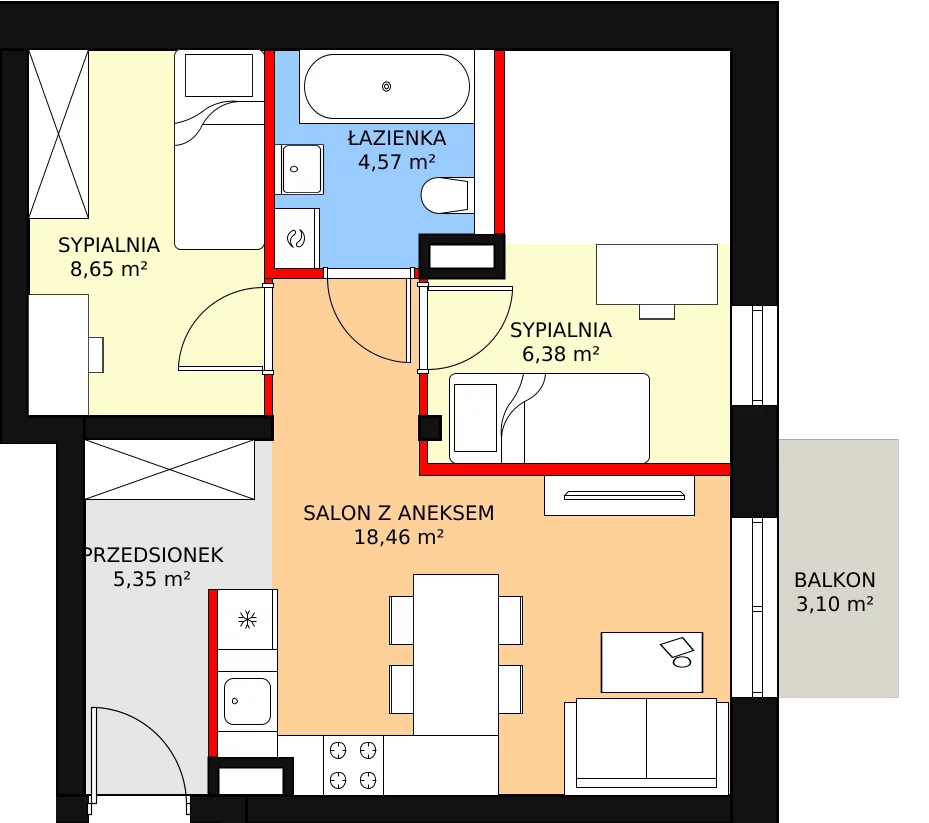 Apartament 43,41 m², piętro 2, oferta nr B1M12, Cztery Kąty Potockiego etap II, Rzeszów, Załęże, ul. Hr. Alfreda Potockiego