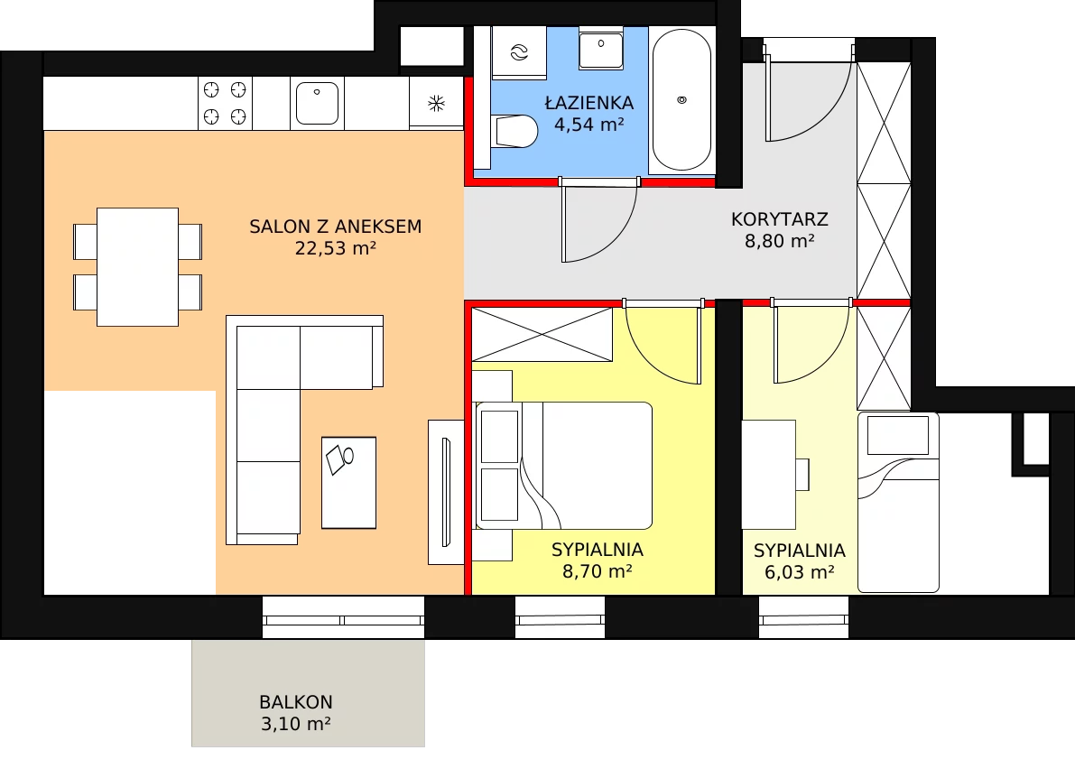 Apartament 50,60 m², piętro 2, oferta nr B1M11, Cztery Kąty Potockiego etap II, Rzeszów, Załęże, ul. Hr. Alfreda Potockiego