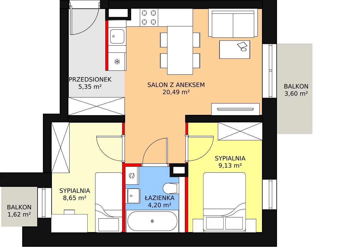 Apartament 47,82 m², piętro 1, oferta nr B1M9, Cztery Kąty Potockiego etap II, Rzeszów, Załęże, ul. Hr. Alfreda Potockiego