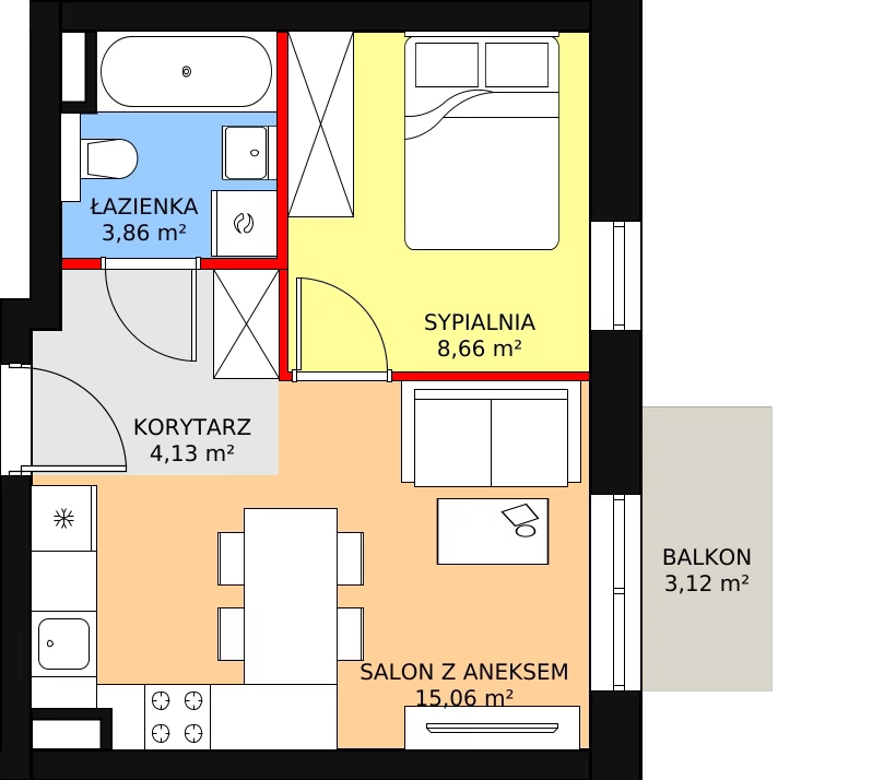 Apartament 31,71 m², piętro 1, oferta nr B1M8, Cztery Kąty Potockiego etap II, Rzeszów, Załęże, ul. Hr. Alfreda Potockiego