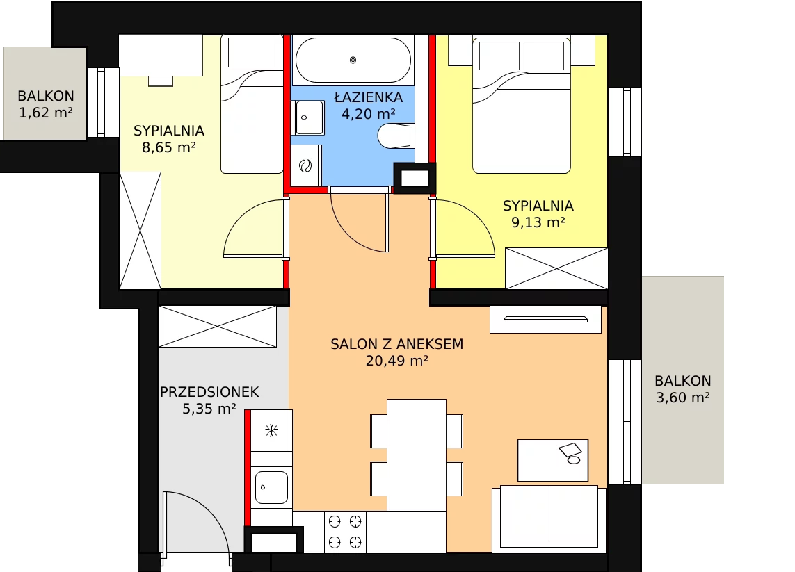 Apartament 47,82 m², piętro 1, oferta nr B1M7, Cztery Kąty Potockiego etap II, Rzeszów, Załęże, ul. Hr. Alfreda Potockiego