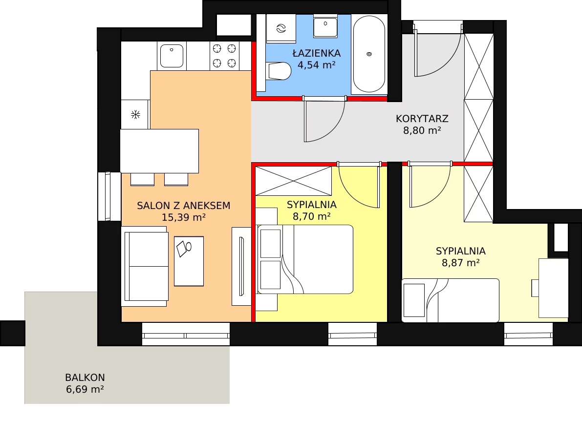 Apartament 46,30 m², piętro 1, oferta nr B1M6, Cztery Kąty Potockiego etap II, Rzeszów, Załęże, ul. Hr. Alfreda Potockiego