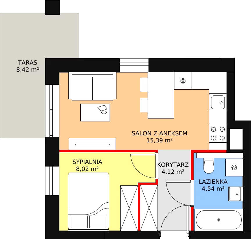 Apartament 32,07 m², parter, oferta nr B1M1, Cztery Kąty Potockiego etap II, Rzeszów, Załęże, ul. Hr. Alfreda Potockiego