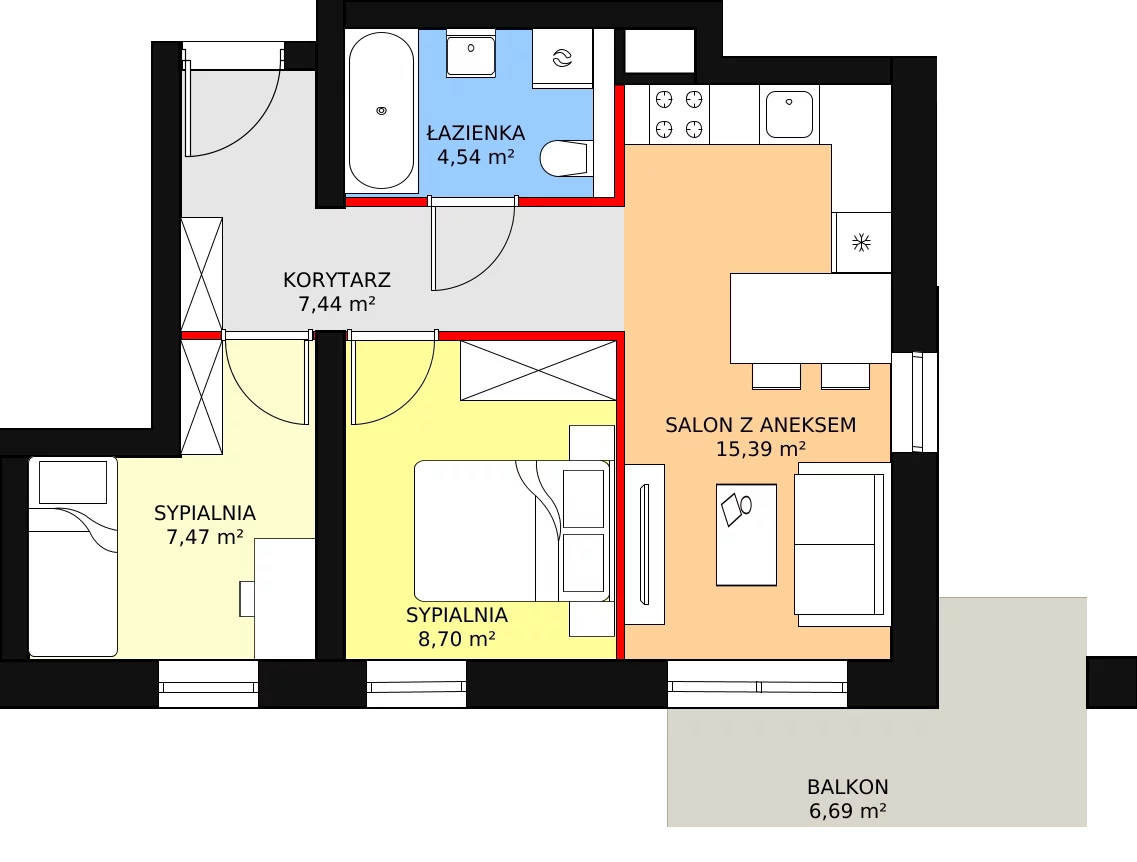 Apartament 43,54 m², piętro 1, oferta nr B2M10, Cztery Kąty Potockiego etap II, Rzeszów, Załęże, ul. Hr. Alfreda Potockiego