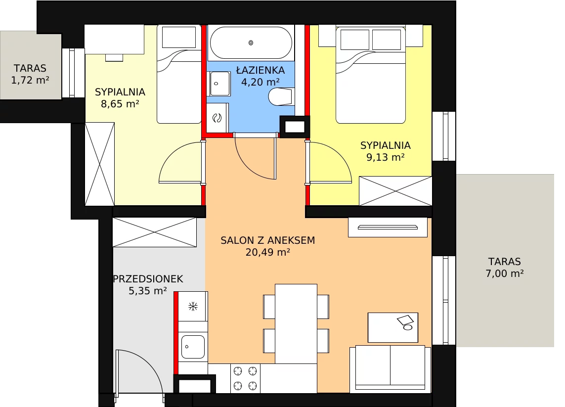 Apartament 47,82 m², parter, oferta nr B2M2, Cztery Kąty Potockiego etap II, Rzeszów, Załęże, ul. Hr. Alfreda Potockiego