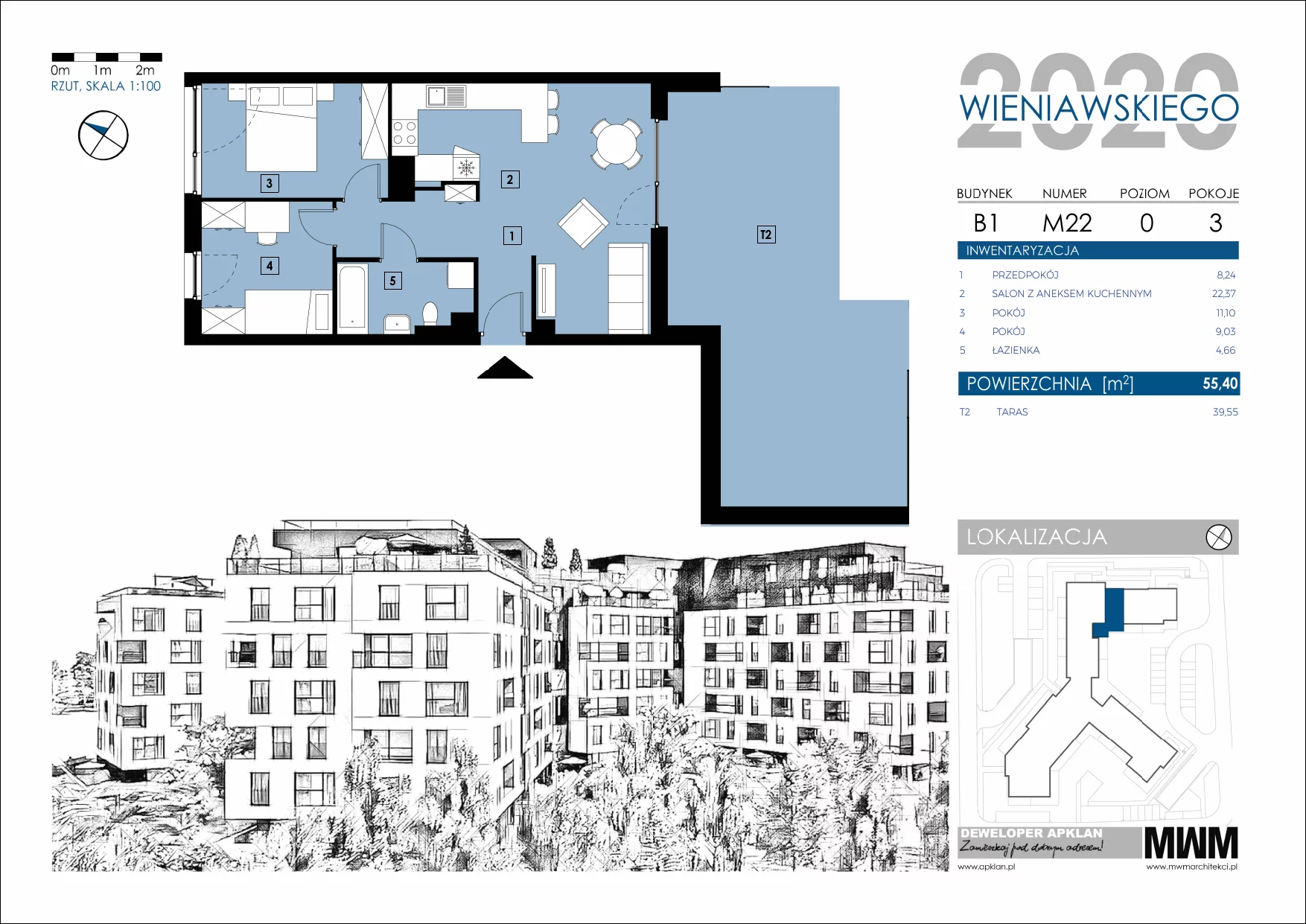 Mieszkanie 55,40 m², parter, oferta nr B1-M22, Osiedle Wieniawskiego - etap III i IV, Rzeszów, Słocina, ul. Wieniawskiego