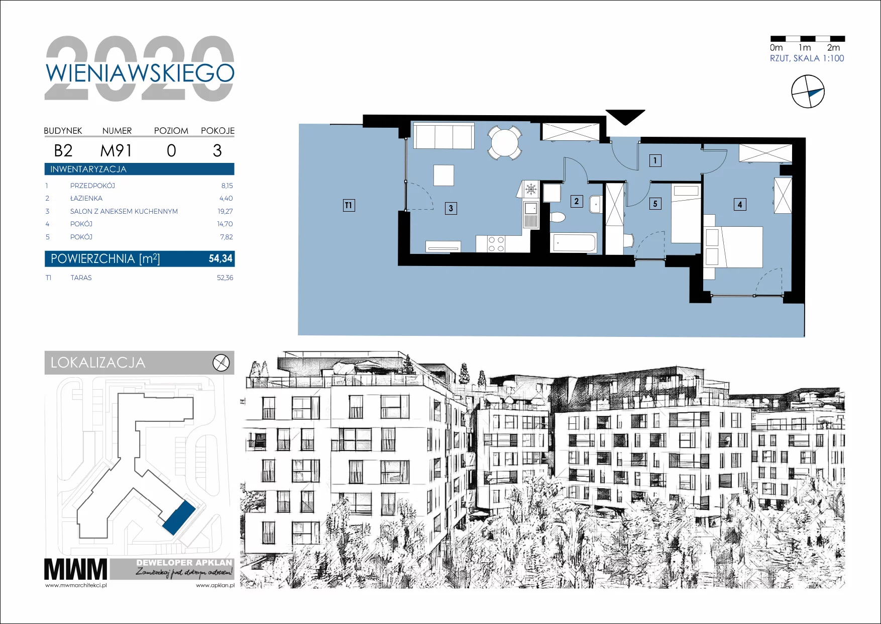 Mieszkanie 54,34 m², parter, oferta nr B2-M91, Osiedle Wieniawskiego - etap III i IV, Rzeszów, Słocina, ul. Wieniawskiego