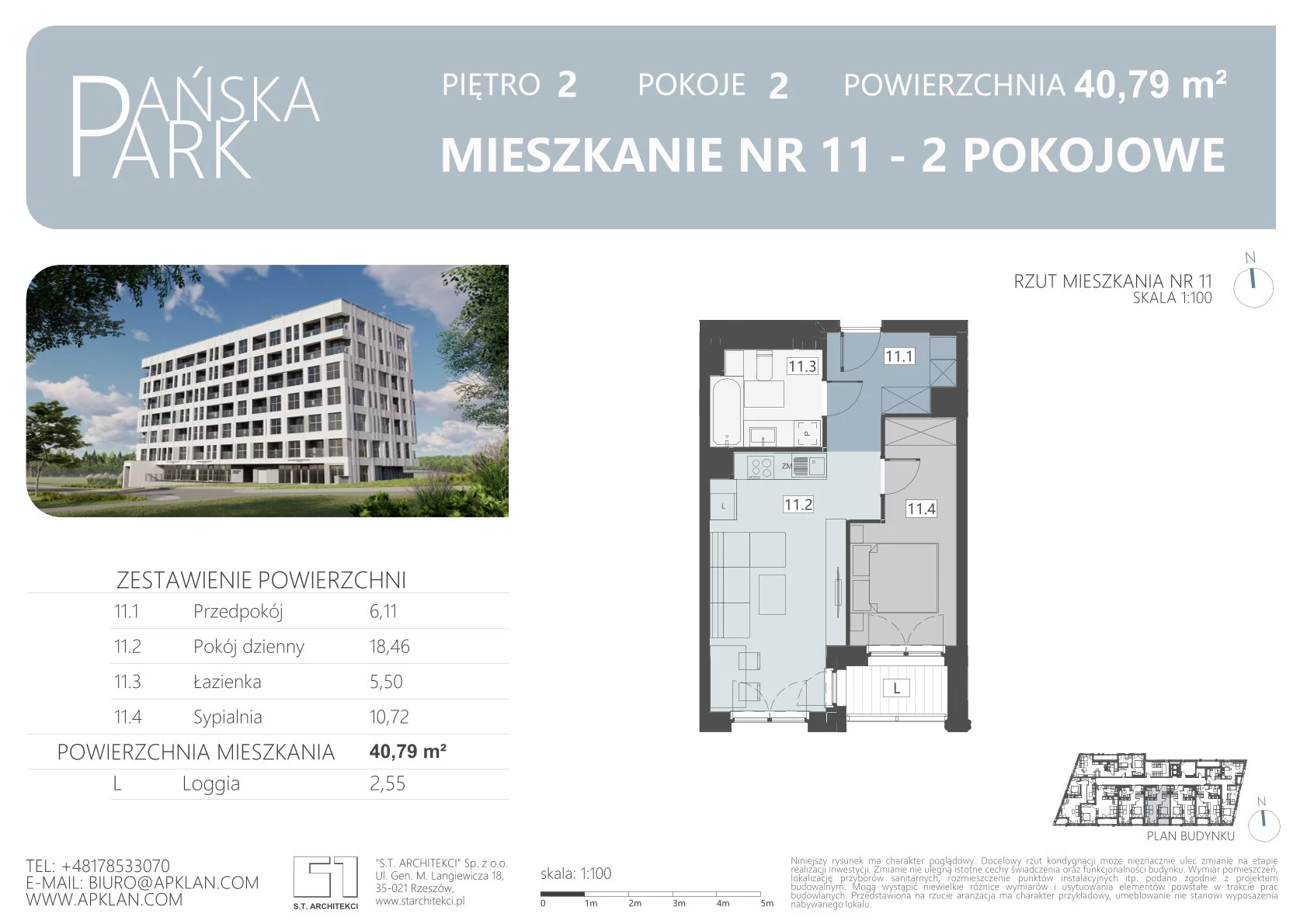 Mieszkanie 40,79 m², piętro 2, oferta nr M11, Pańska Park, Rzeszów, Przybyszówka, ul. Pańska