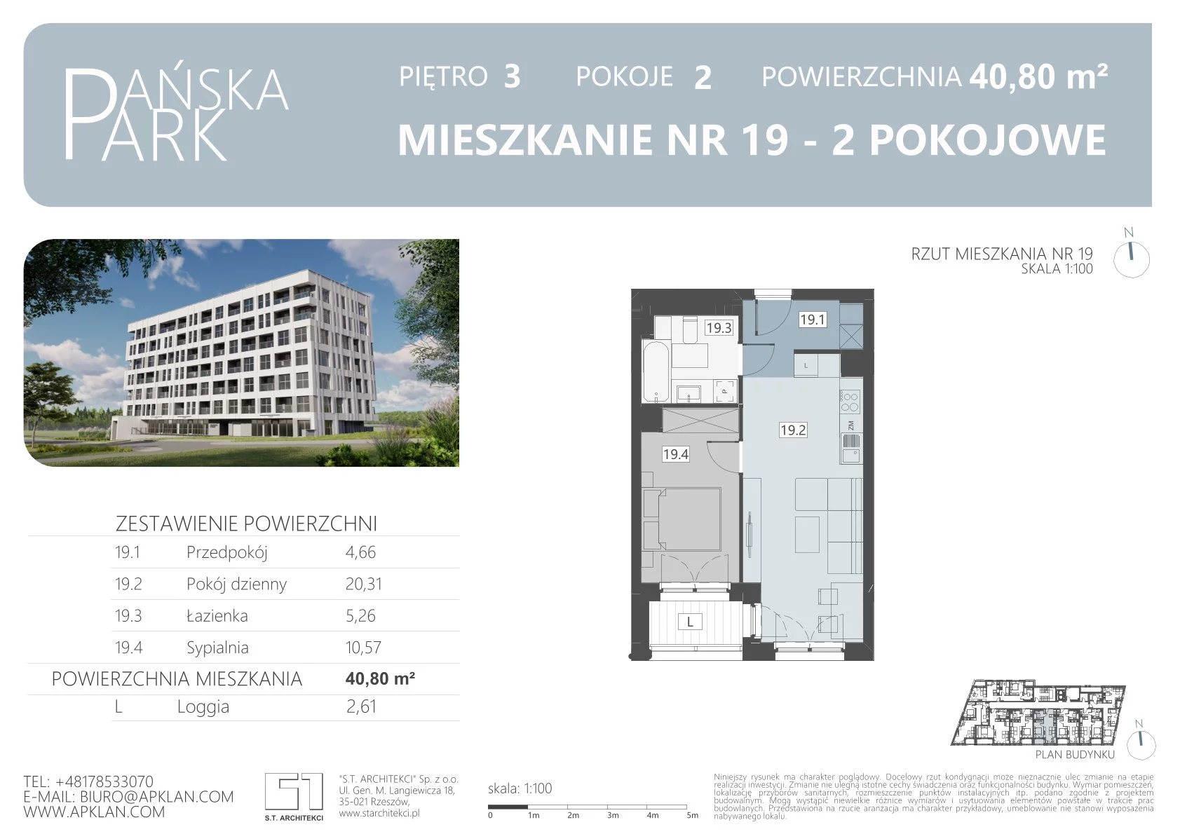 Mieszkanie 40,80 m², piętro 3, oferta nr M19, Pańska Park, Rzeszów, Przybyszówka, ul. Pańska