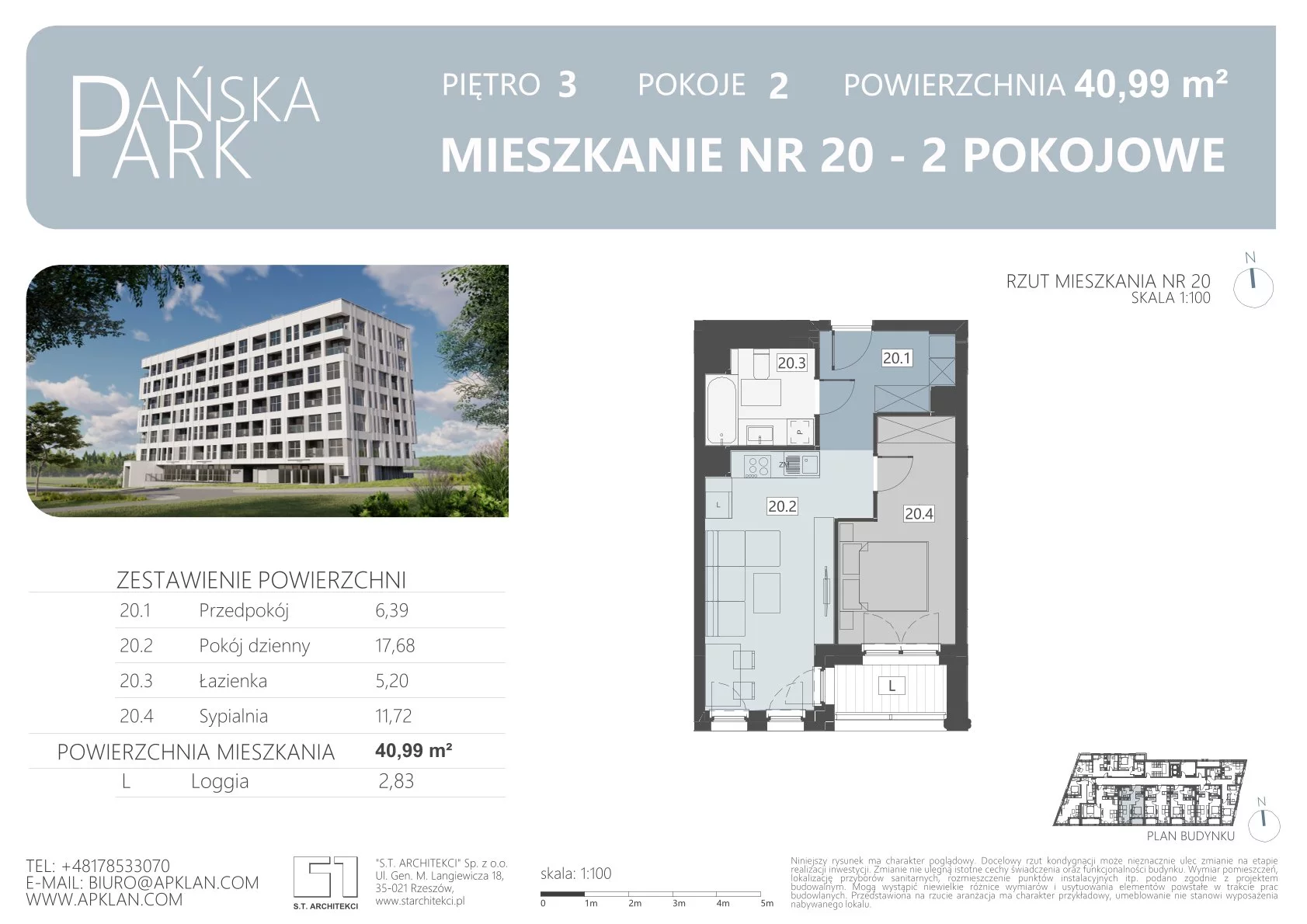 Mieszkanie 40,99 m², piętro 3, oferta nr M20, Pańska Park, Rzeszów, Przybyszówka, ul. Pańska