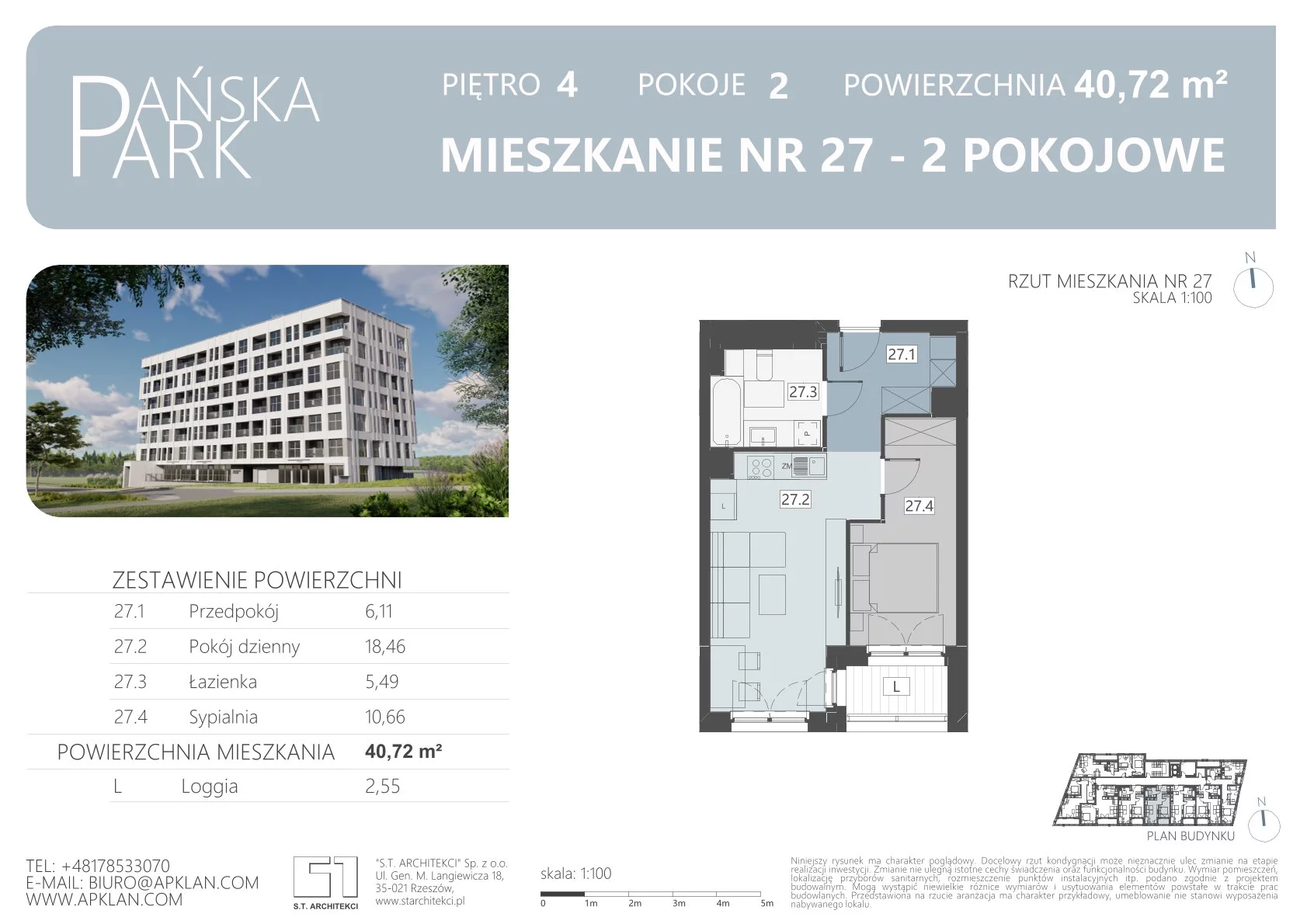 Mieszkanie 40,72 m², piętro 4, oferta nr M27, Pańska Park, Rzeszów, Przybyszówka, ul. Pańska