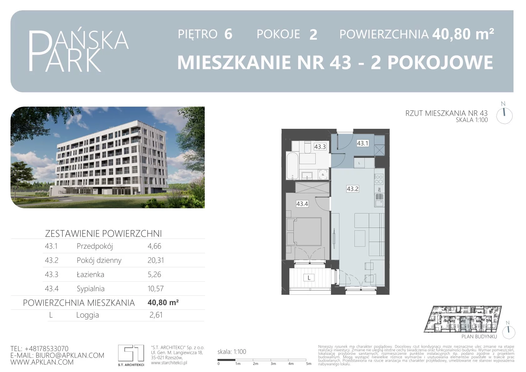 Mieszkanie 40,80 m², piętro 6, oferta nr M43, Pańska Park, Rzeszów, Przybyszówka, ul. Pańska