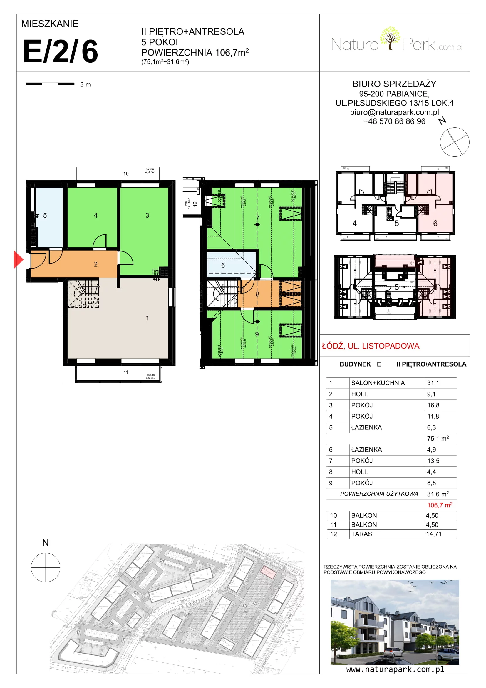 Mieszkanie 106,70 m², piętro 2, oferta nr E/2/6, Natura Park, Łódź, Widzew, Dolina Łódki, ul. Listopadowa