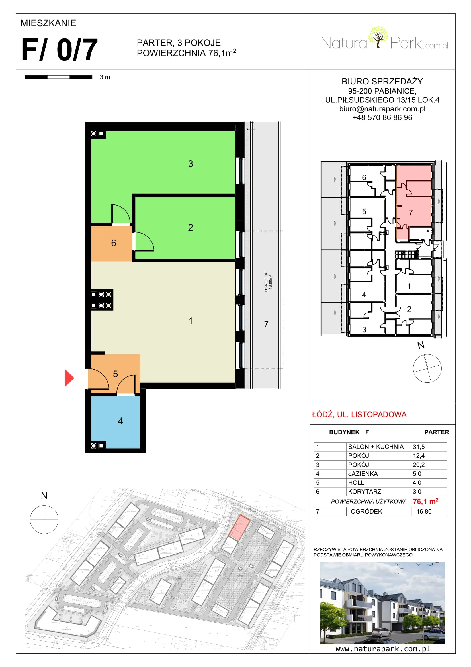 Mieszkanie 76,10 m², parter, oferta nr F/0/7, Natura Park, Łódź, Widzew, Dolina Łódki, ul. Listopadowa