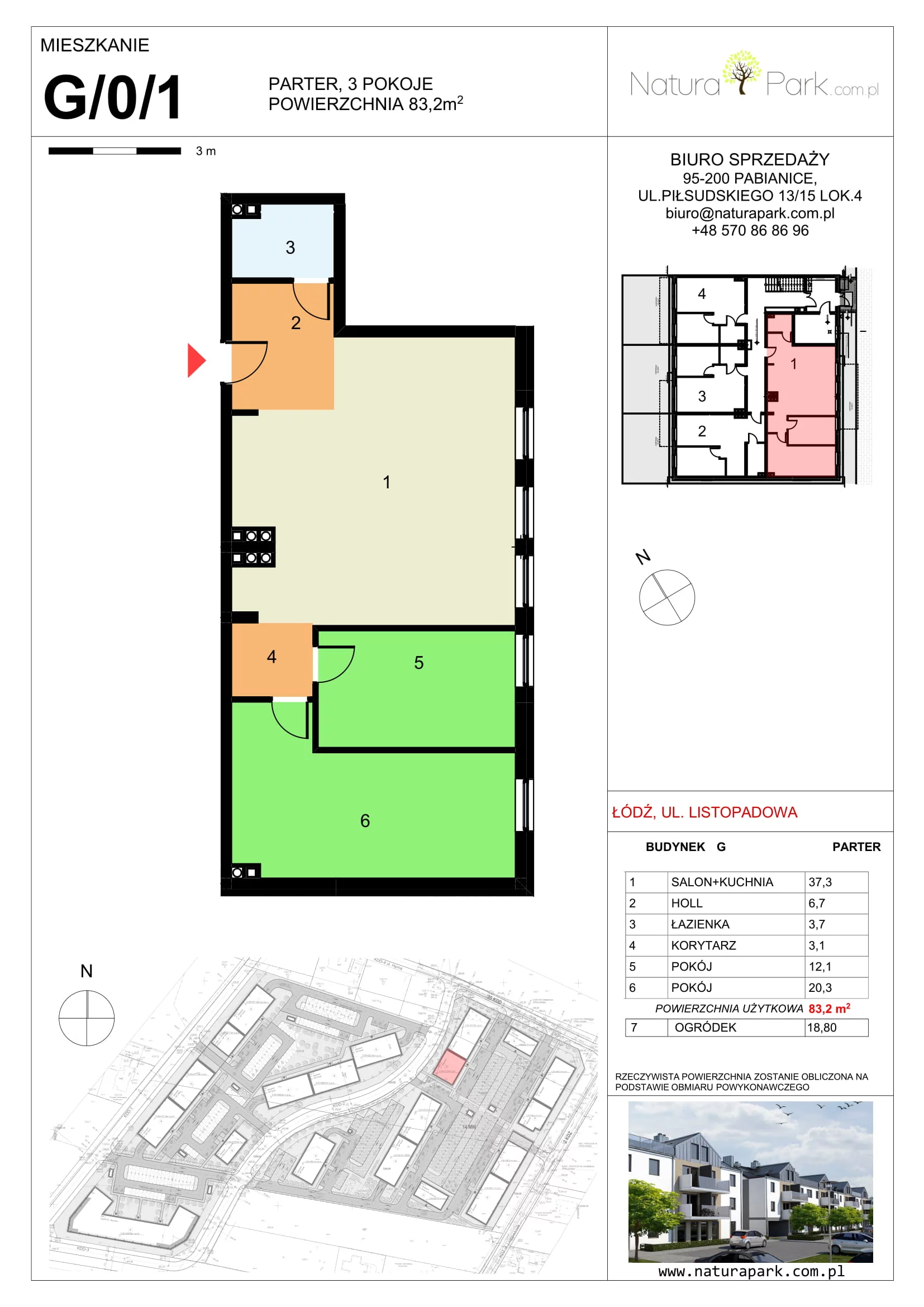 Mieszkanie 83,20 m², parter, oferta nr G/0/1, Natura Park, Łódź, Widzew, Dolina Łódki, ul. Listopadowa