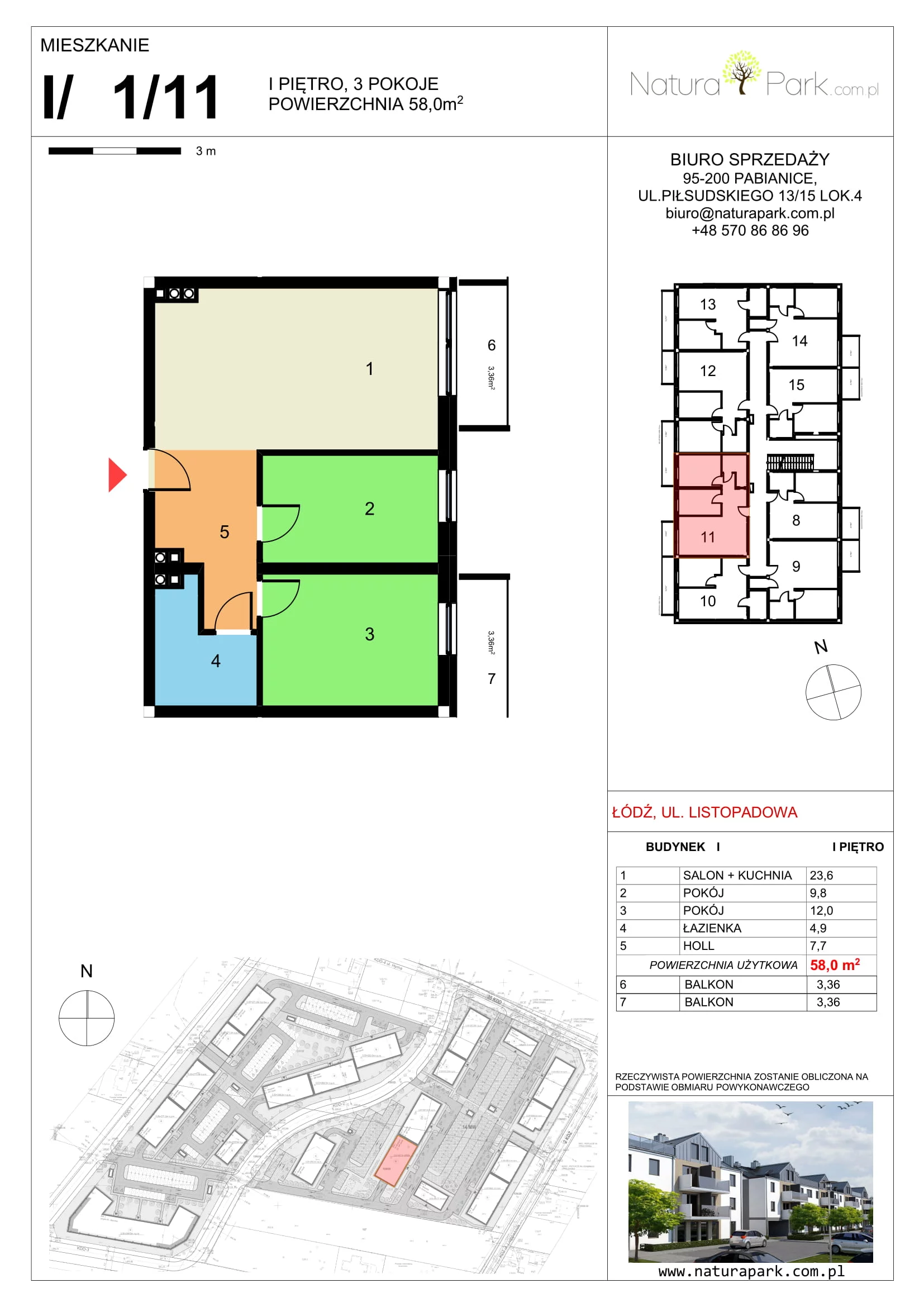 Mieszkanie 56,84 m², piętro 1, oferta nr I/1/11, Natura Park, Łódź, Widzew, Dolina Łódki, ul. Listopadowa