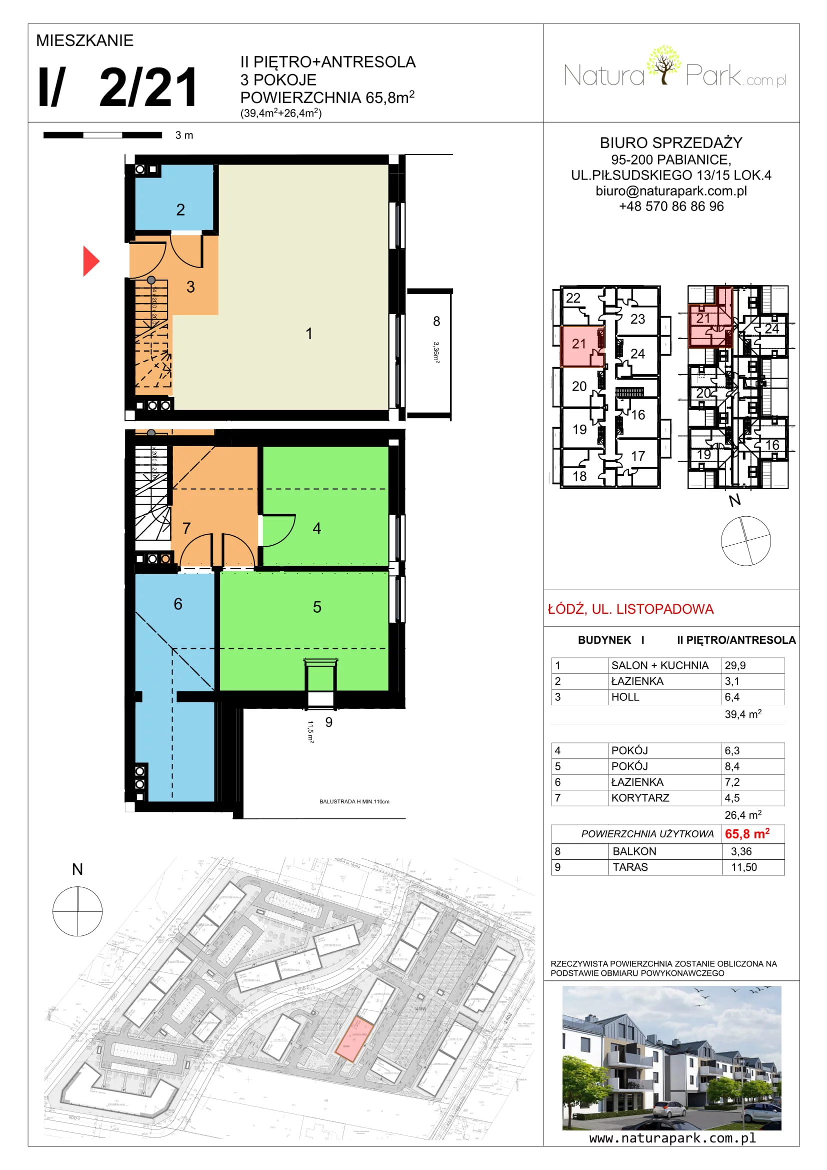 Mieszkanie 65,33 m², piętro 2, oferta nr I/2/21, Natura Park, Łódź, Widzew, Dolina Łódki, ul. Listopadowa