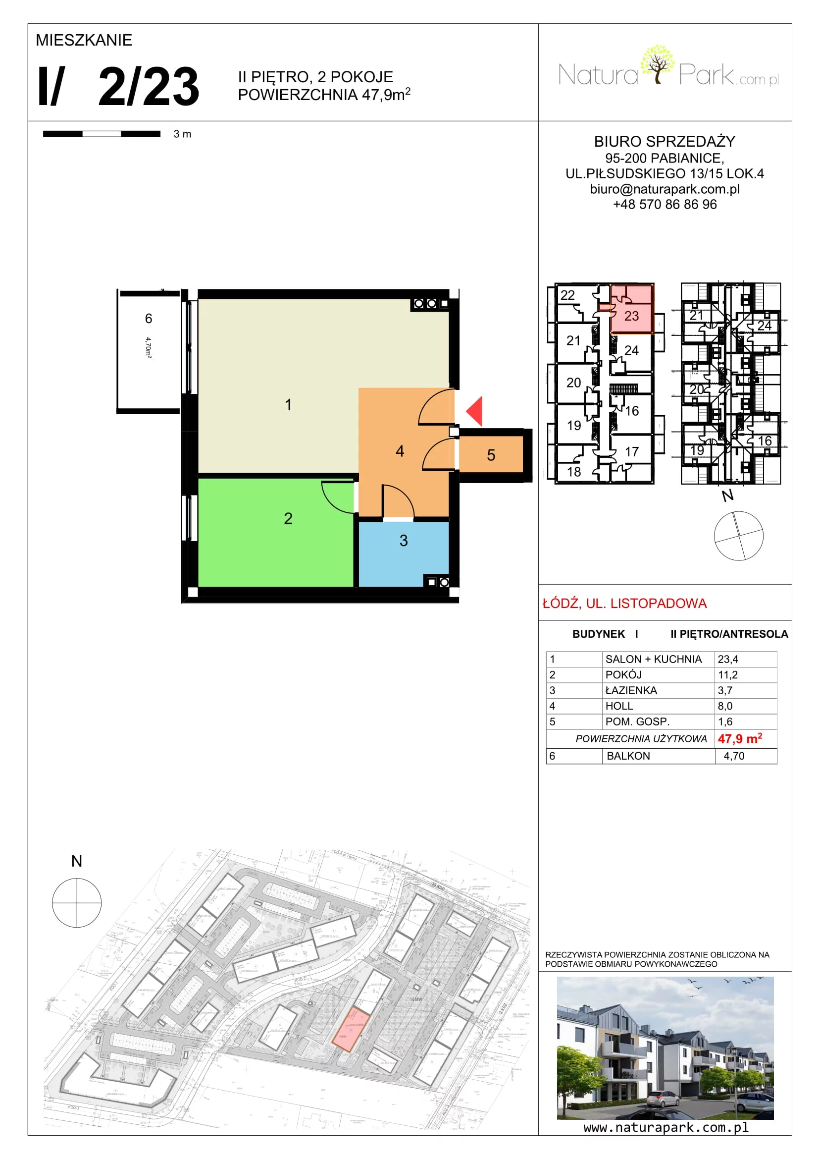 Mieszkanie 47,90 m², piętro 2, oferta nr I/2/23, Natura Park, Łódź, Widzew, Dolina Łódki, ul. Listopadowa