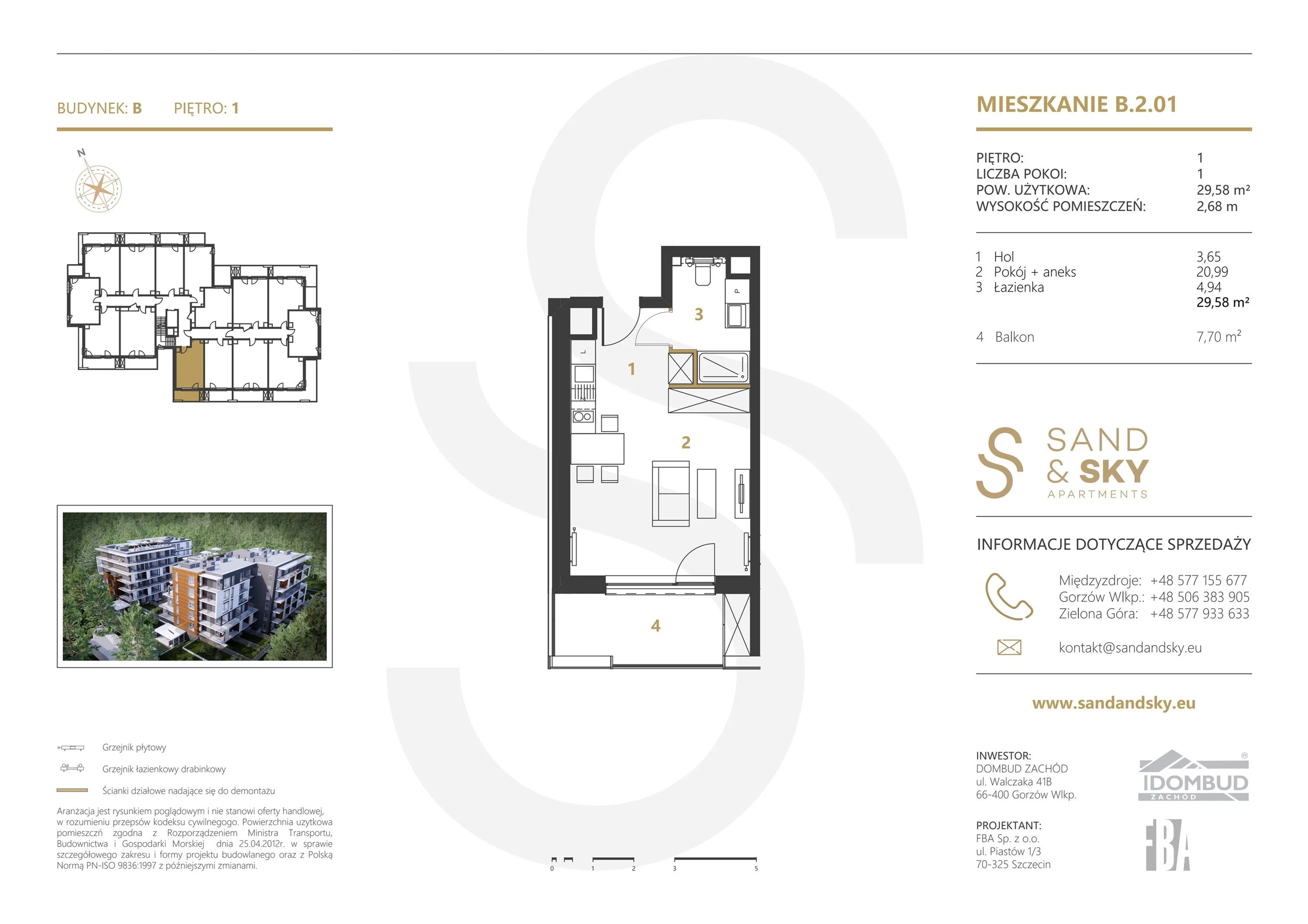 Apartament 29,58 m², piętro 1, oferta nr B/2/01, Sand and Sky Apartaments, Międzyzdroje, ul. Gryfa Pomorskiego