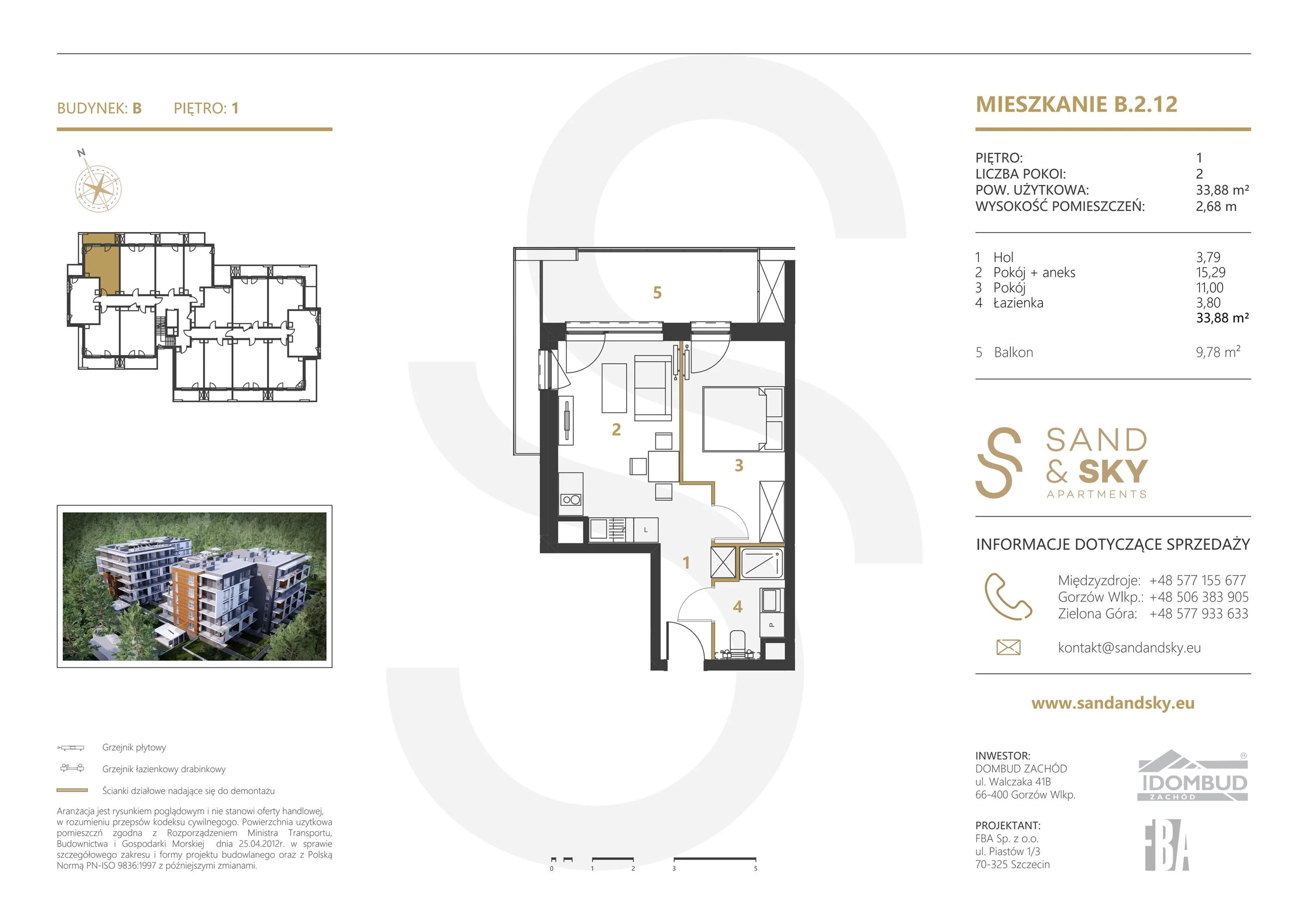 Apartament 33,88 m², piętro 1, oferta nr B/2/12, Sand and Sky Apartaments, Międzyzdroje, ul. Gryfa Pomorskiego