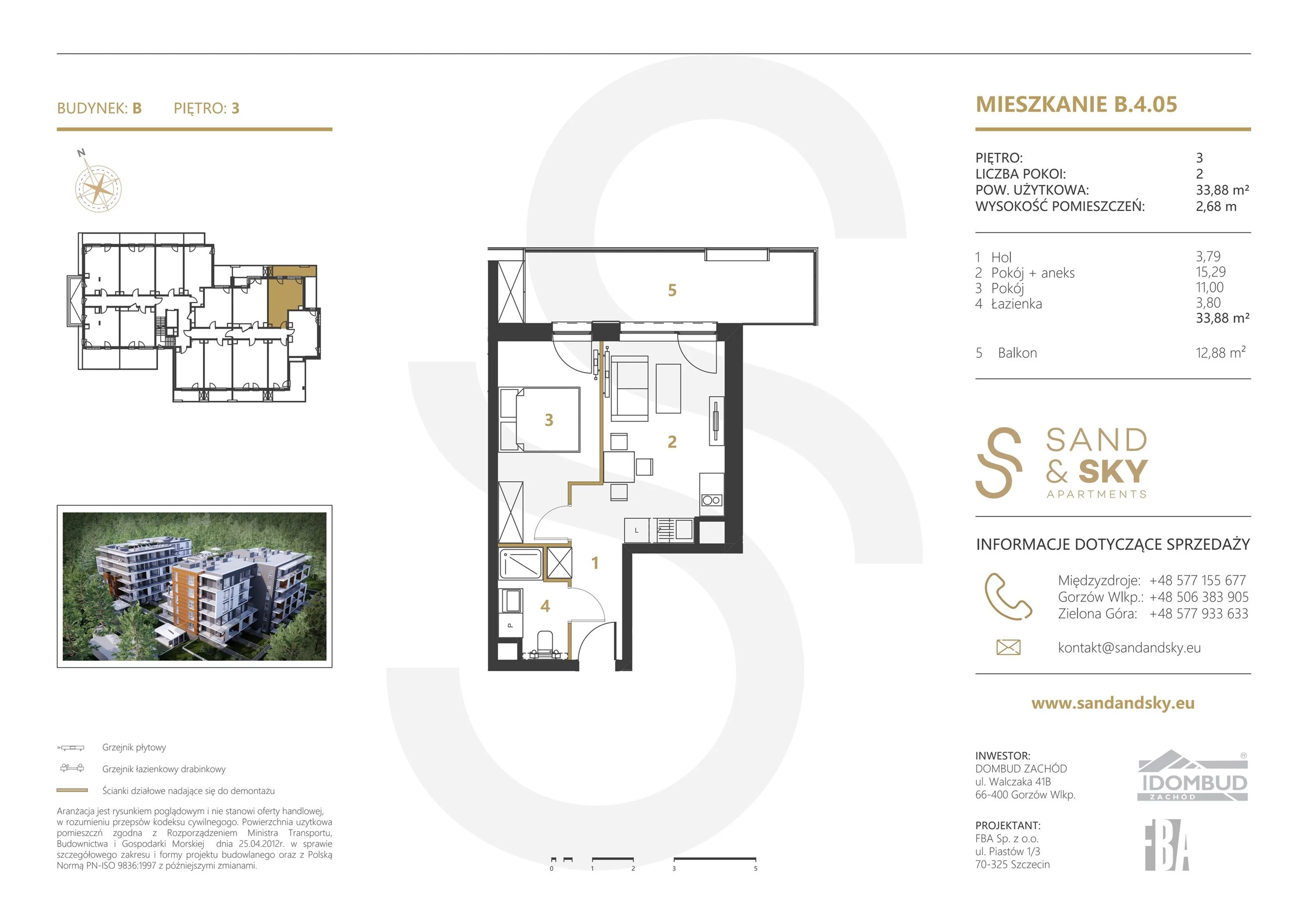 2 pokoje, apartament 33,88 m², piętro 3, oferta nr B/4/05, Sand and Sky Apartments, Międzyzdroje, ul. Gryfa Pomorskiego