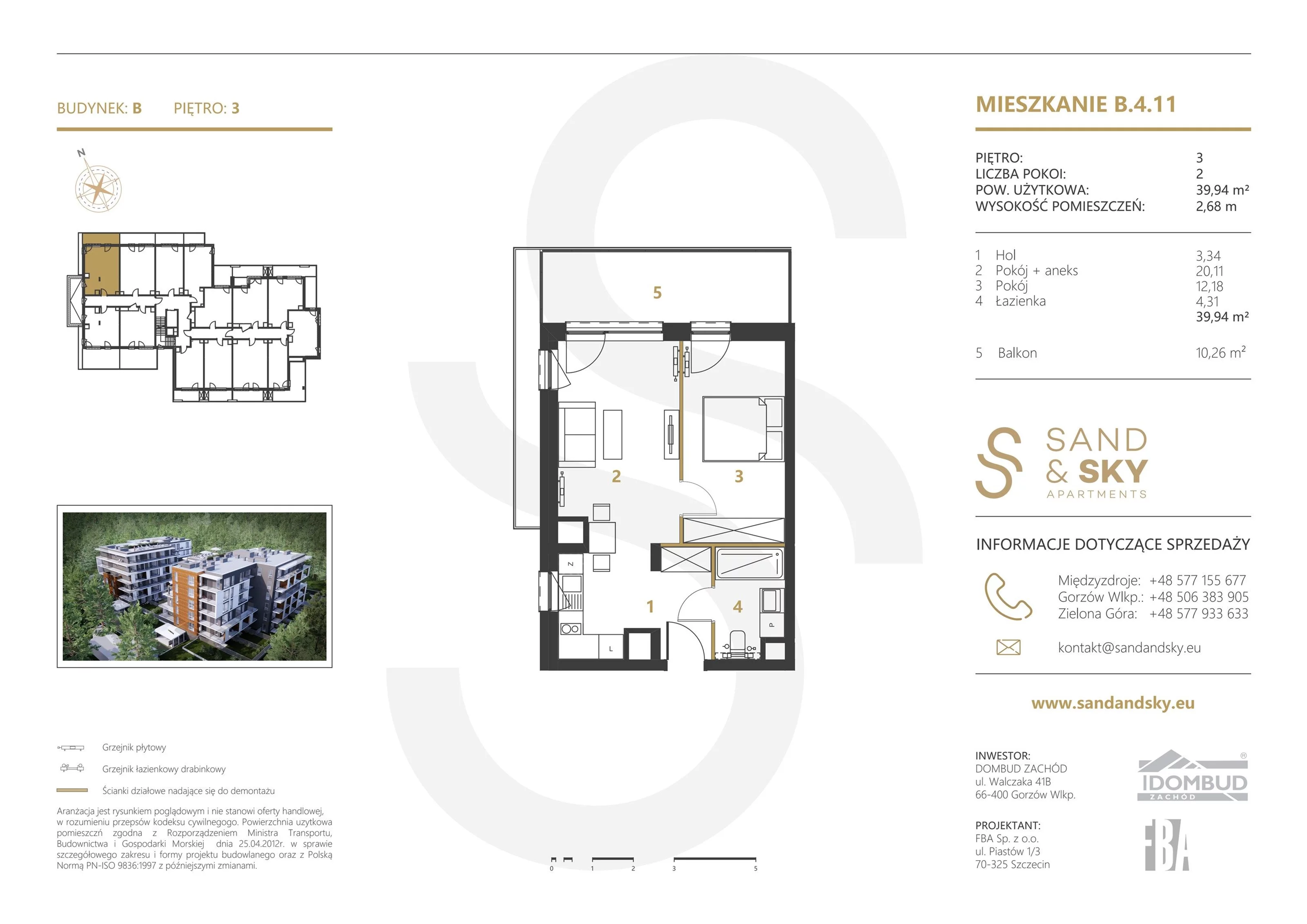 2 pokoje, apartament 39,94 m², piętro 3, oferta nr B/4/11, Sand and Sky Apartments, Międzyzdroje, ul. Gryfa Pomorskiego