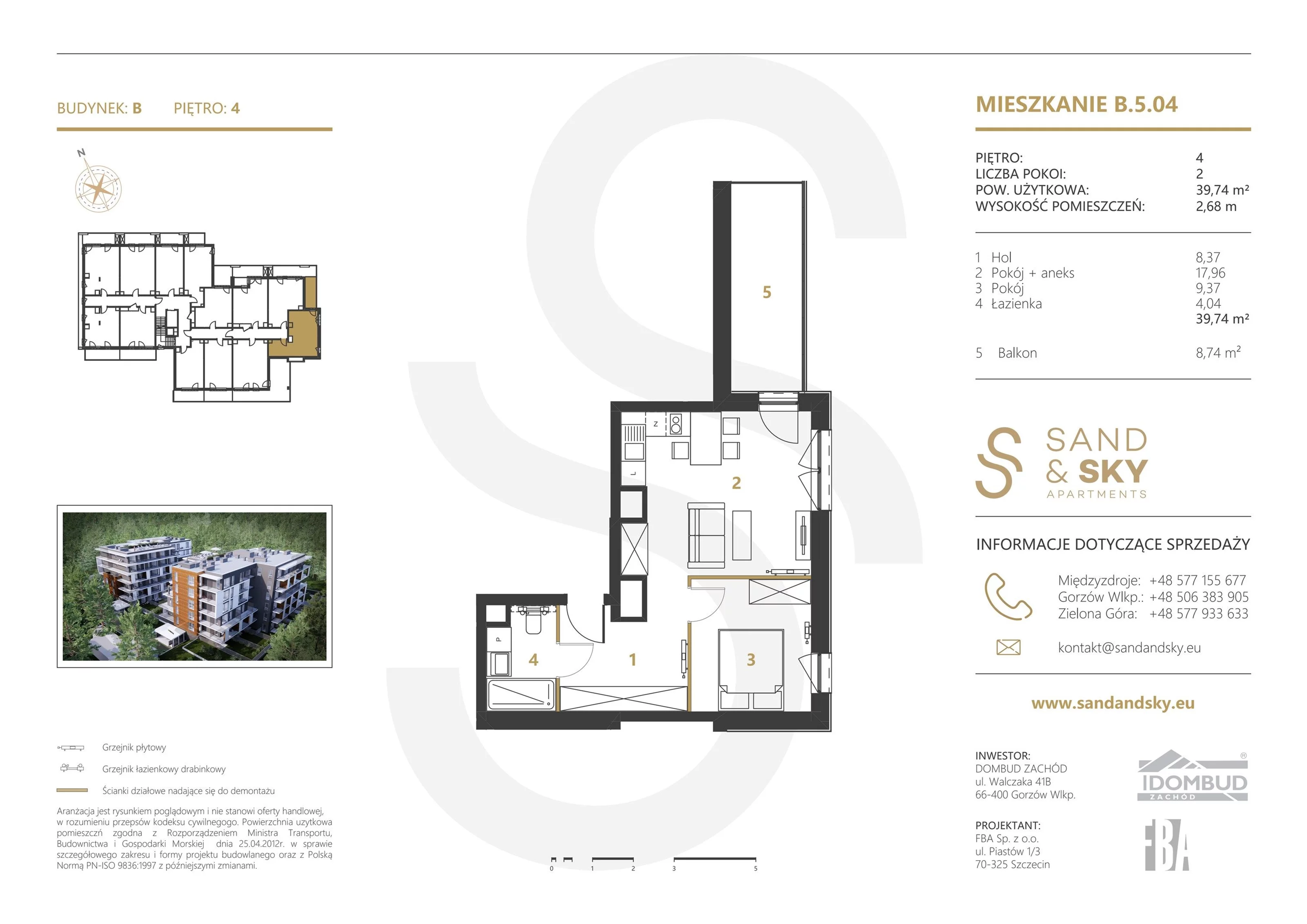 2 pokoje, apartament 39,74 m², piętro 4, oferta nr B/5/04, Sand and Sky Apartments, Międzyzdroje, ul. Gryfa Pomorskiego