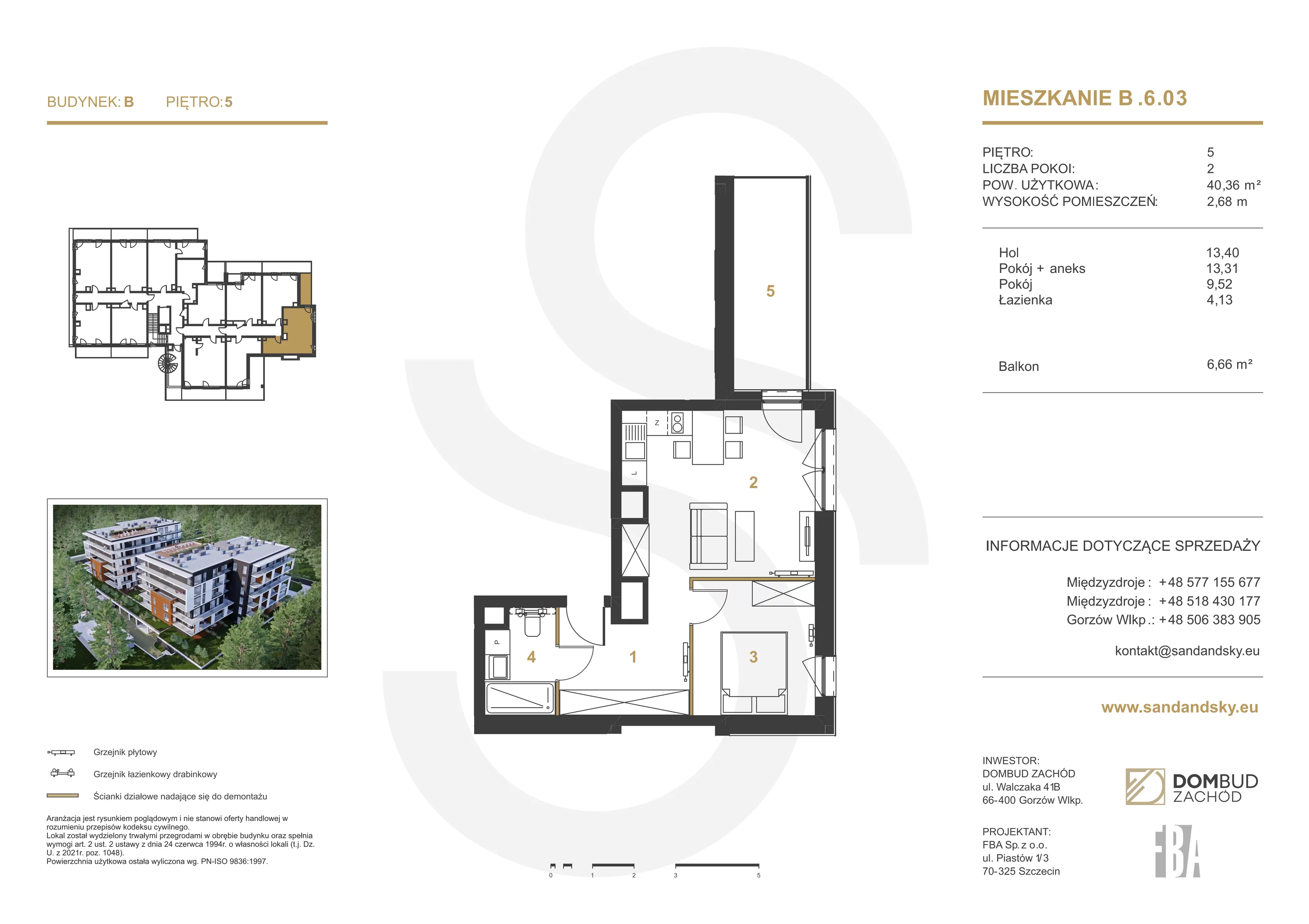 3 pokoje, apartament 39,74 m², piętro 5, oferta nr B/6/03, Sand and Sky Apartments, Międzyzdroje, ul. Gryfa Pomorskiego