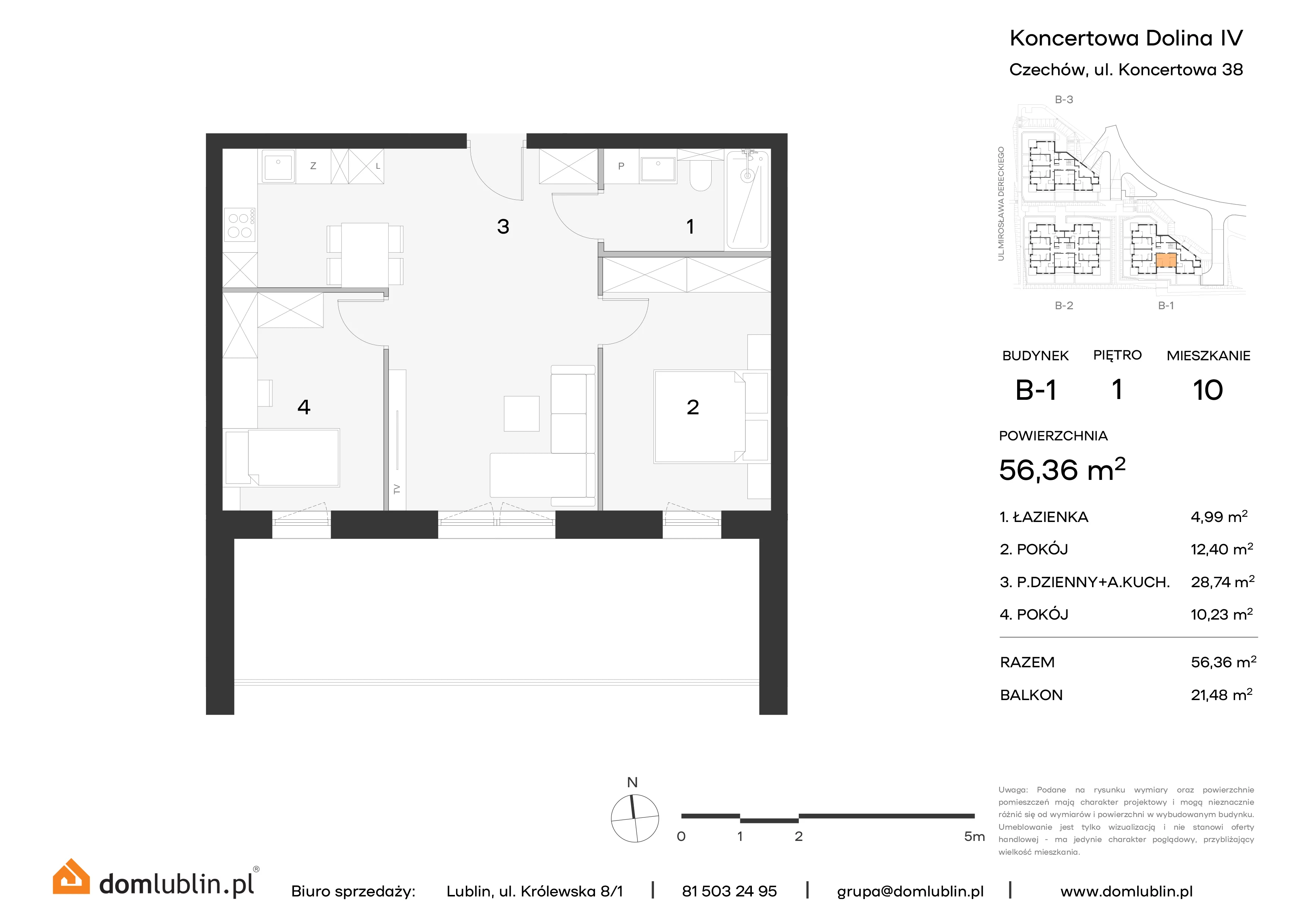 3 pokoje, mieszkanie 56,36 m², piętro 1, oferta nr B1/10, Osiedle Koncertowa Dolina, Lublin, Czechów Północny, Choiny, ul. Koncertowa