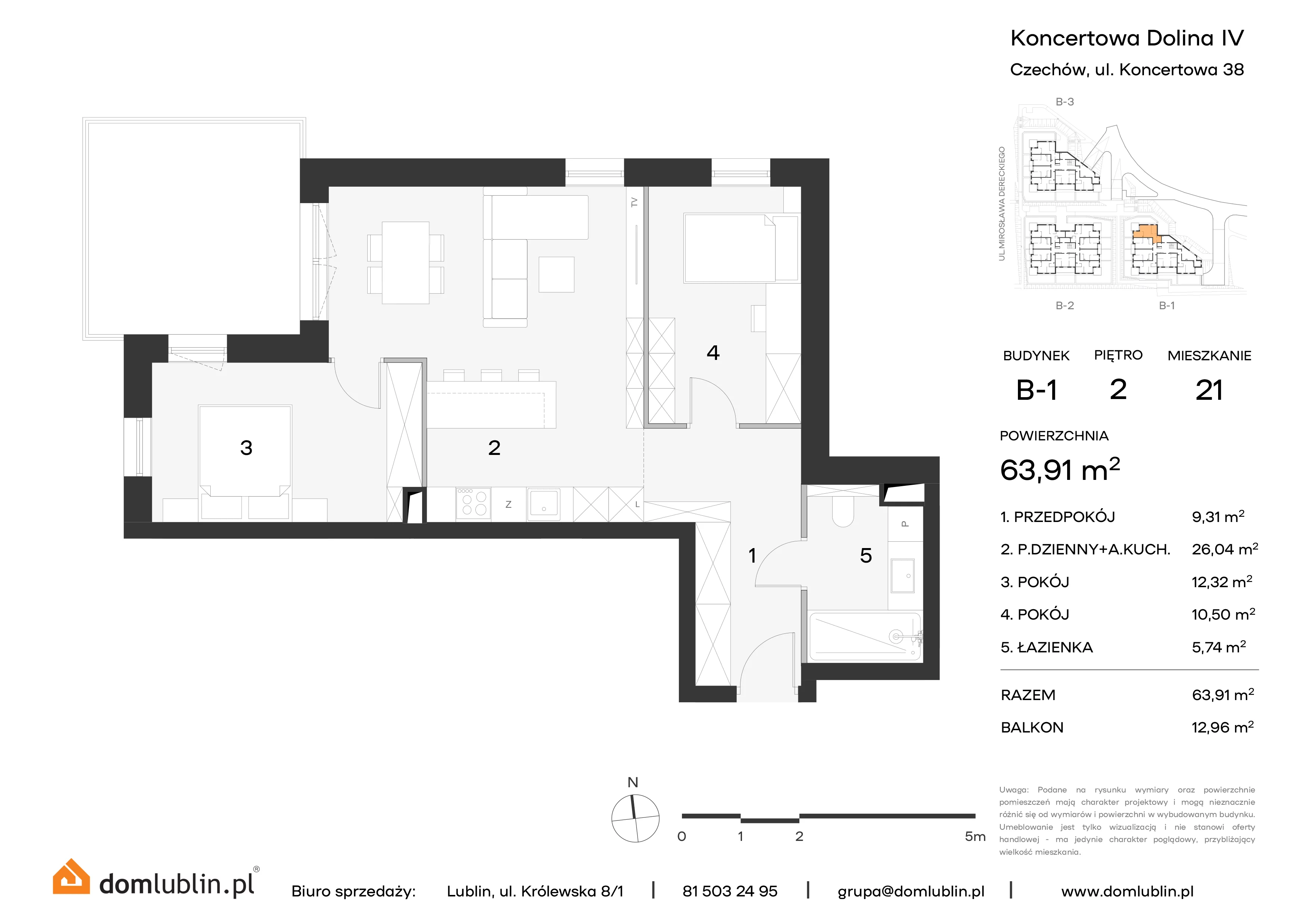 3 pokoje, mieszkanie 63,91 m², piętro 2, oferta nr B1/21, Osiedle Koncertowa Dolina, Lublin, Czechów Północny, Choiny, ul. Koncertowa