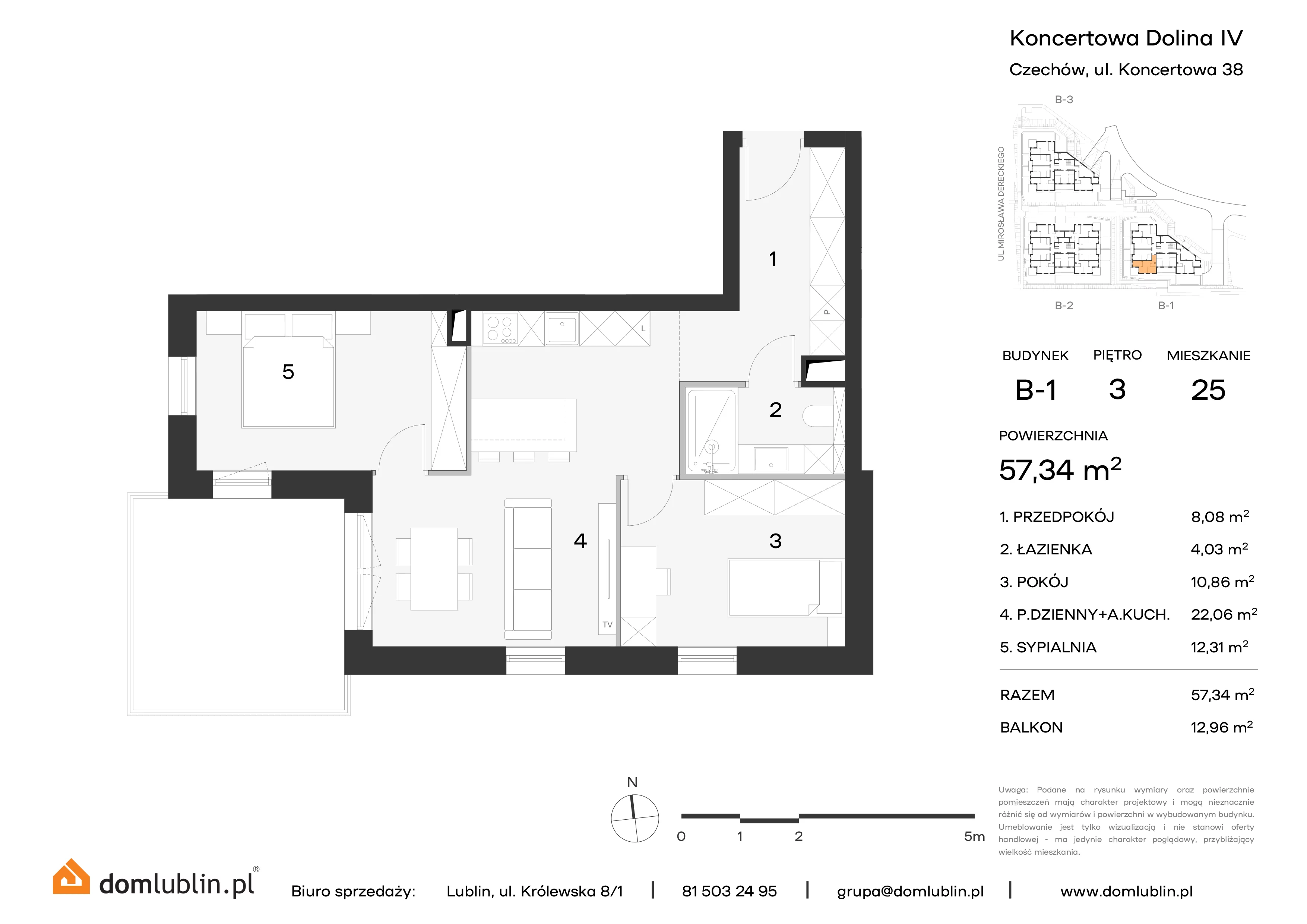 3 pokoje, mieszkanie 57,34 m², piętro 3, oferta nr B1/25, Osiedle Koncertowa Dolina, Lublin, Czechów Północny, Choiny, ul. Koncertowa