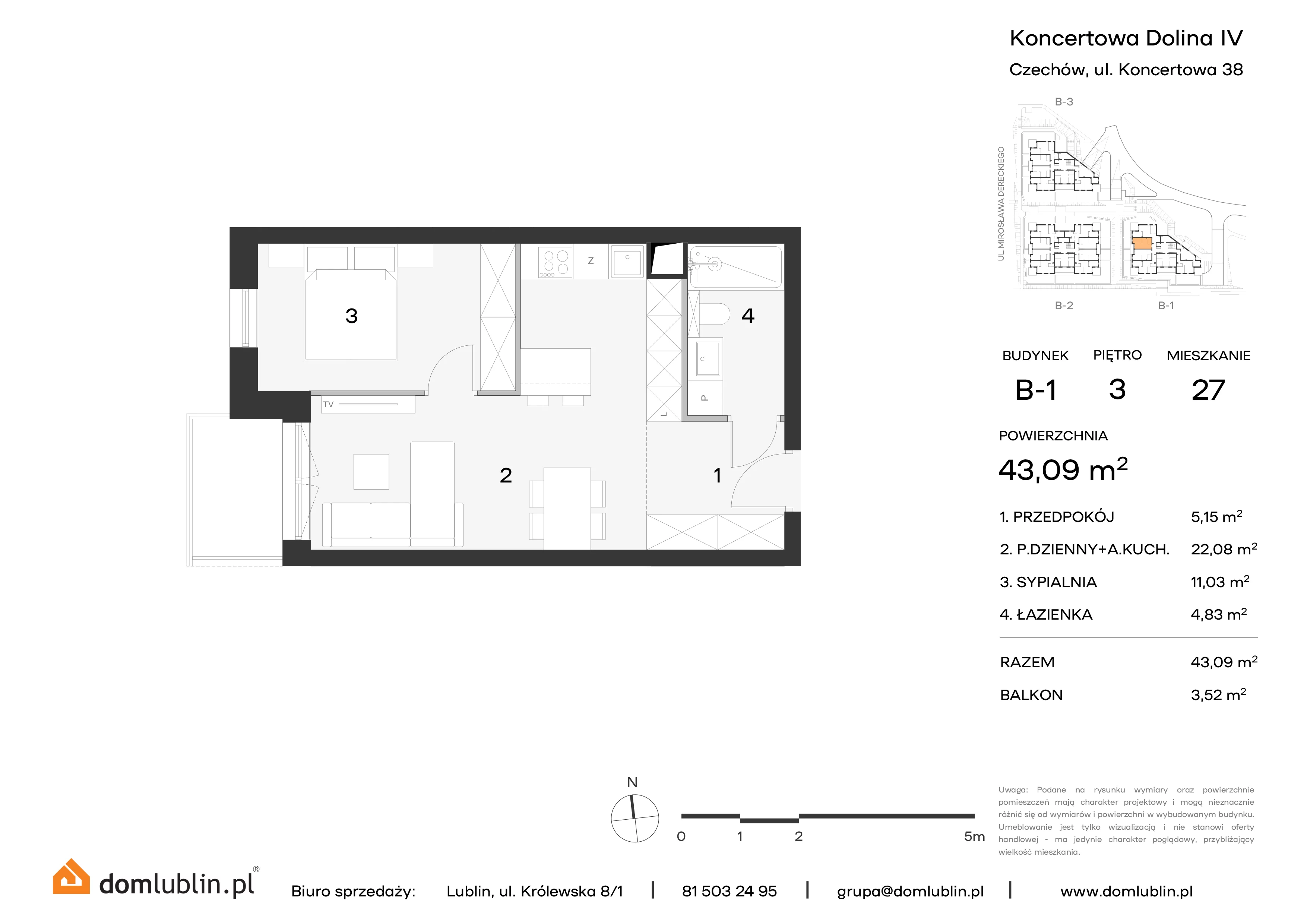 Mieszkanie 43,09 m², piętro 3, oferta nr B1/27, Osiedle Koncertowa Dolina, Lublin, Czechów Północny, Choiny, ul. Koncertowa