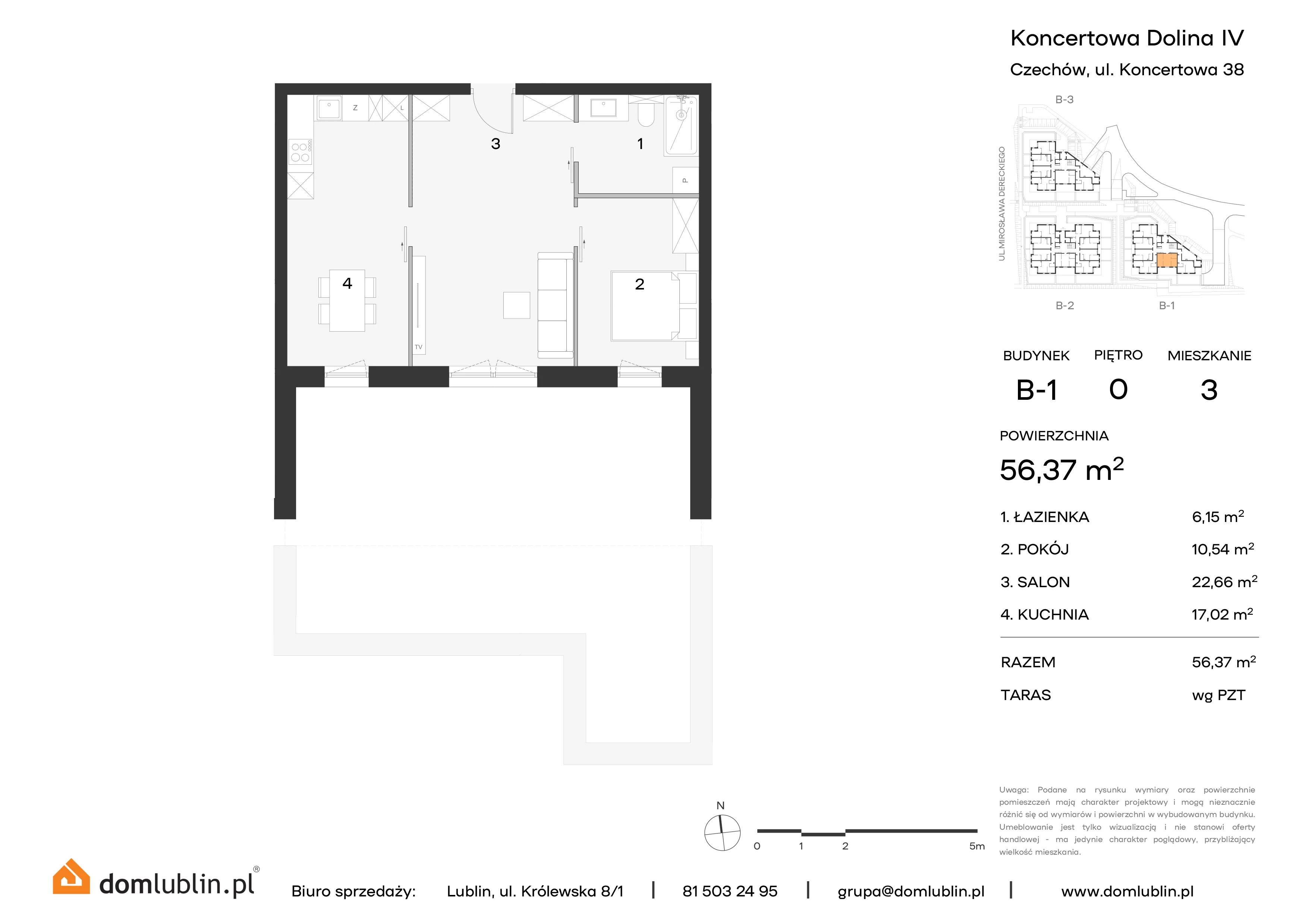 3 pokoje, mieszkanie 56,37 m², parter, oferta nr B1/3, Osiedle Koncertowa Dolina, Lublin, Czechów Północny, Choiny, ul. Koncertowa