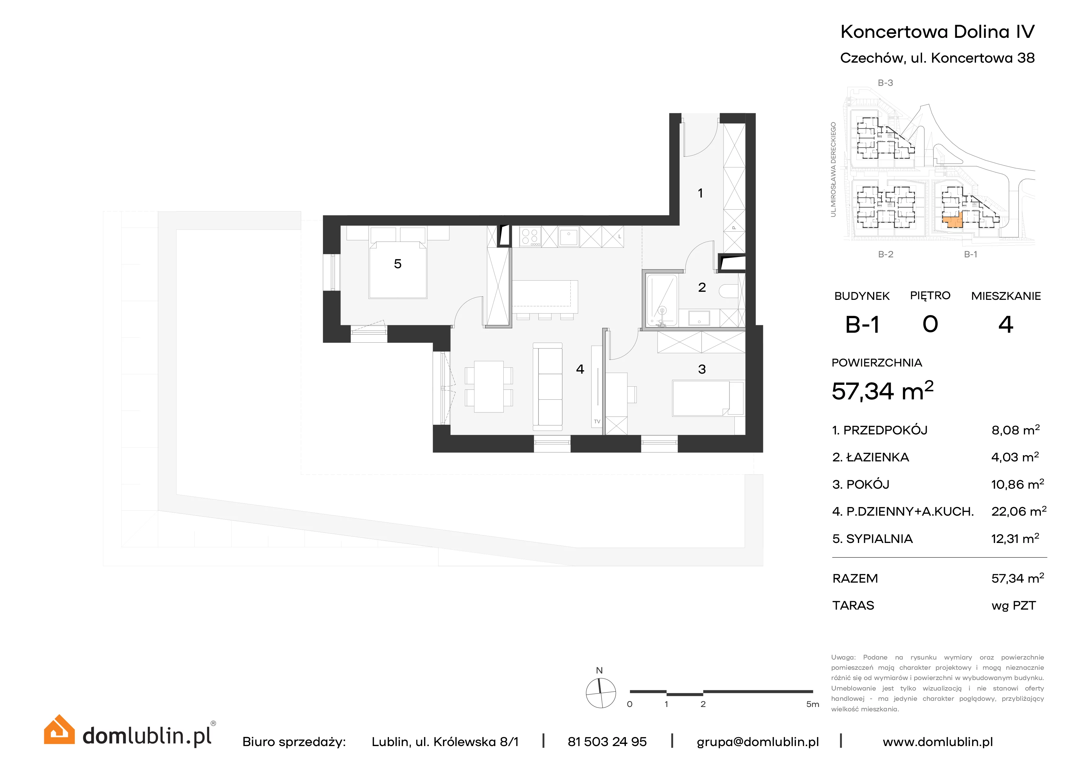 3 pokoje, mieszkanie 57,34 m², parter, oferta nr B1/4, Osiedle Koncertowa Dolina, Lublin, Czechów Północny, Choiny, ul. Koncertowa