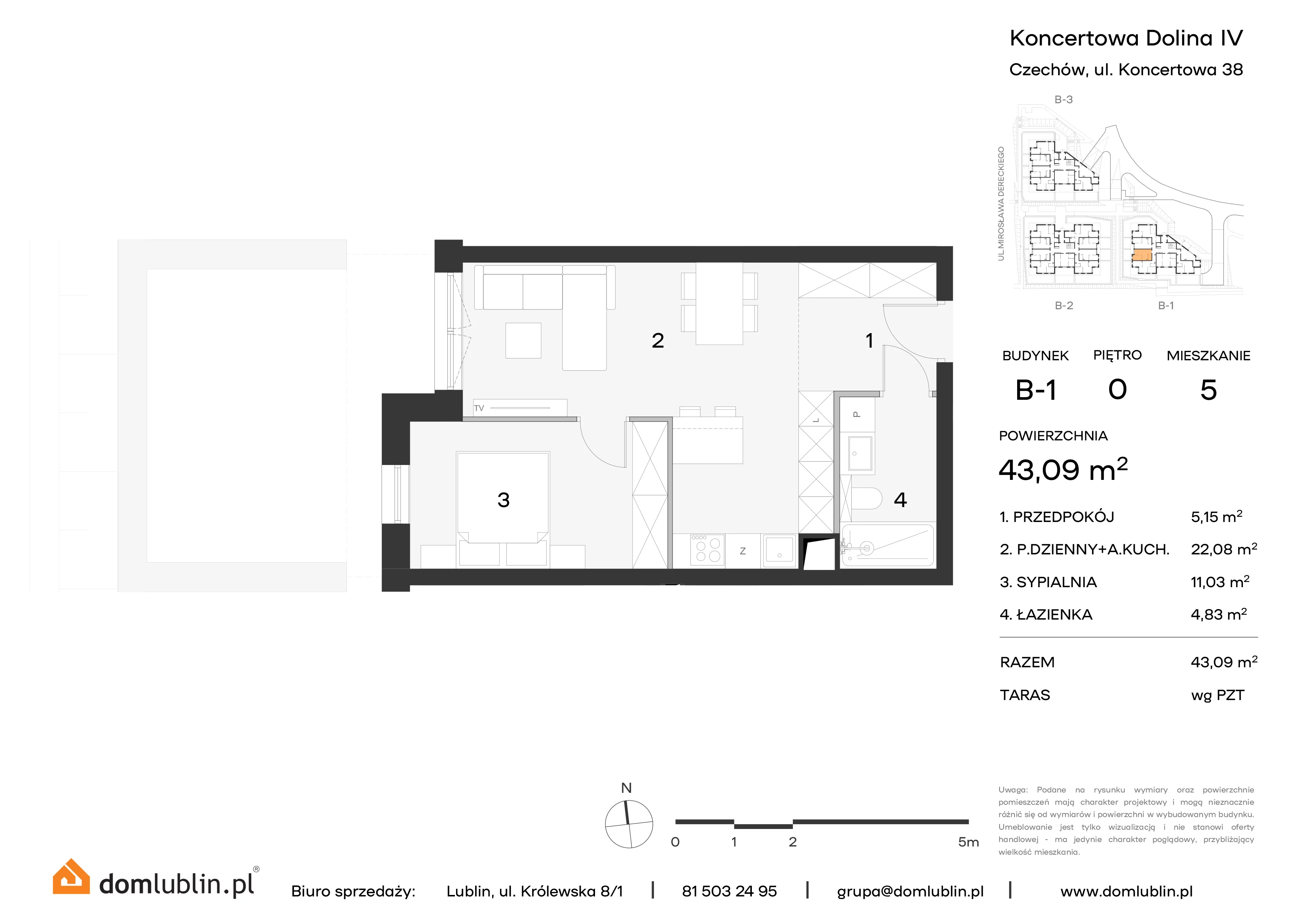 Mieszkanie 43,09 m², parter, oferta nr B1/5, Osiedle Koncertowa Dolina, Lublin, Czechów Północny, Choiny, ul. Koncertowa