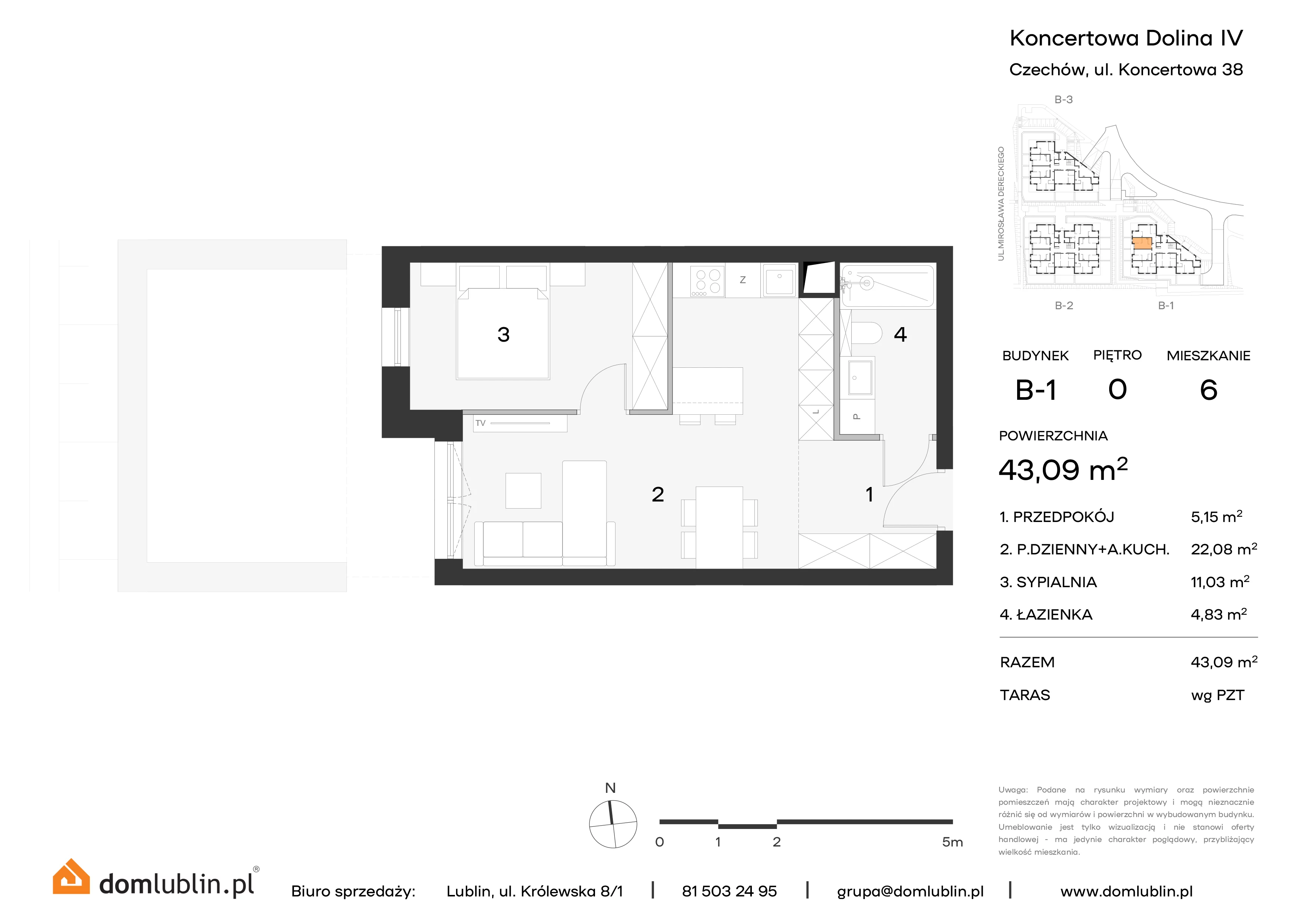 Mieszkanie 43,09 m², parter, oferta nr B1/6, Osiedle Koncertowa Dolina, Lublin, Czechów Północny, Choiny, ul. Koncertowa