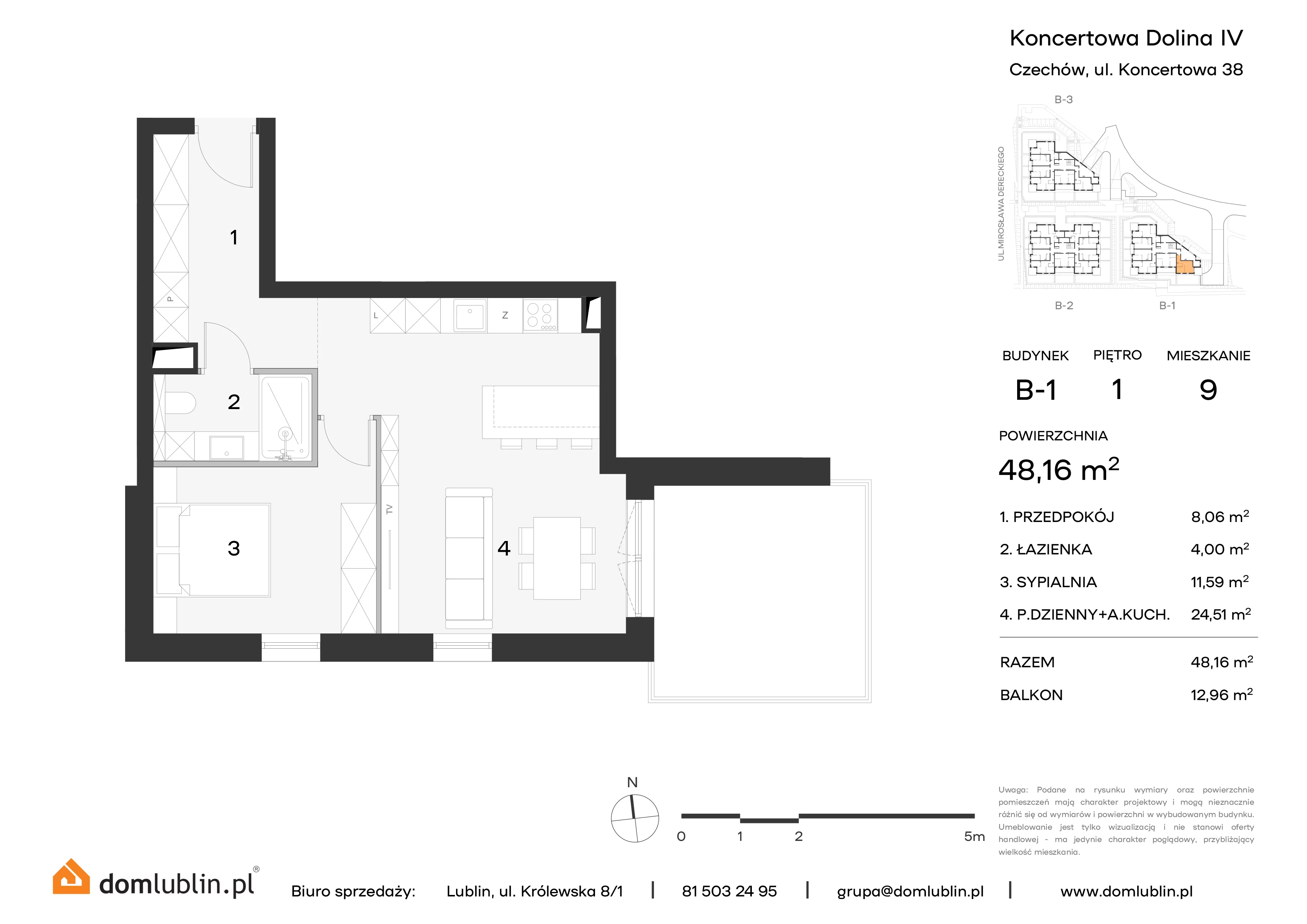 2 pokoje, mieszkanie 48,16 m², piętro 1, oferta nr B1/9, Osiedle Koncertowa Dolina, Lublin, Czechów Północny, Choiny, ul. Koncertowa