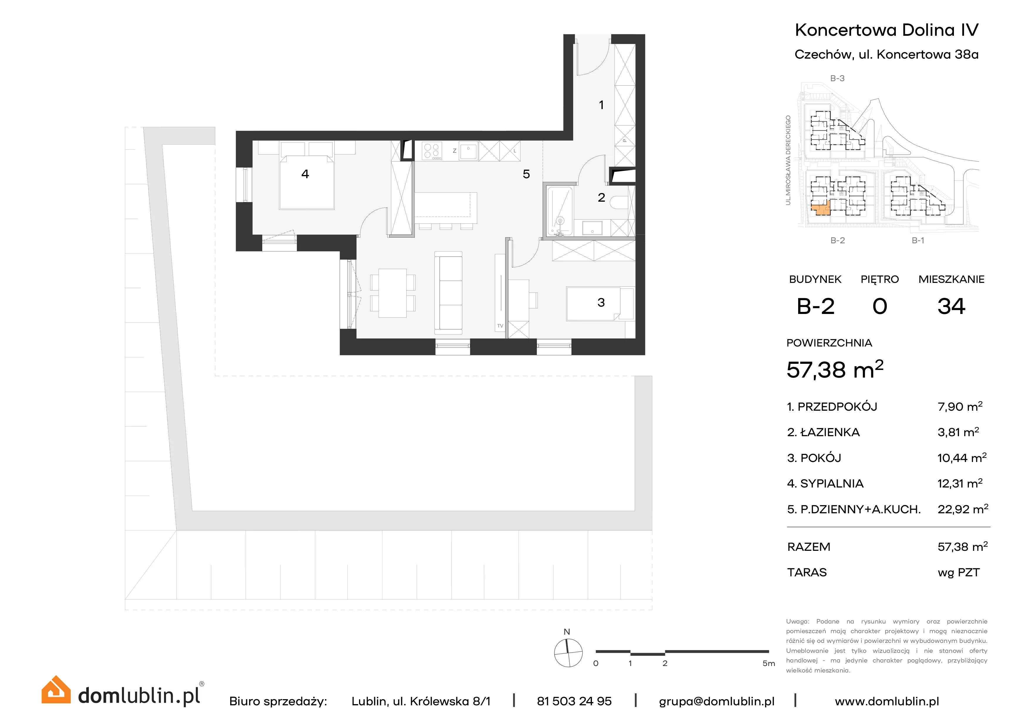 3 pokoje, mieszkanie 57,38 m², parter, oferta nr B2/34, Osiedle Koncertowa Dolina, Lublin, Czechów Północny, Choiny, ul. Koncertowa