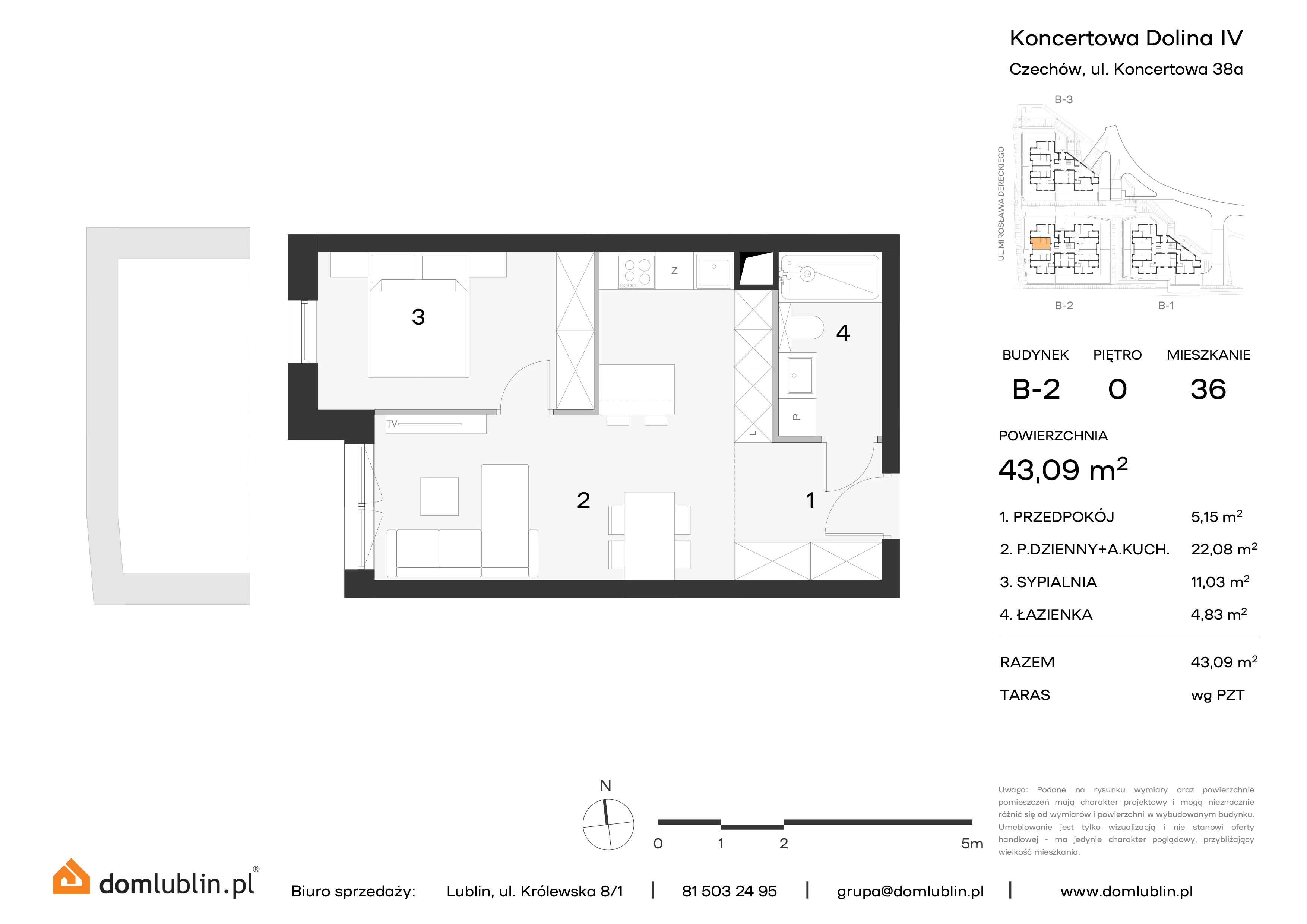 Mieszkanie 43,09 m², parter, oferta nr B2/36, Osiedle Koncertowa Dolina, Lublin, Czechów Północny, Choiny, ul. Koncertowa